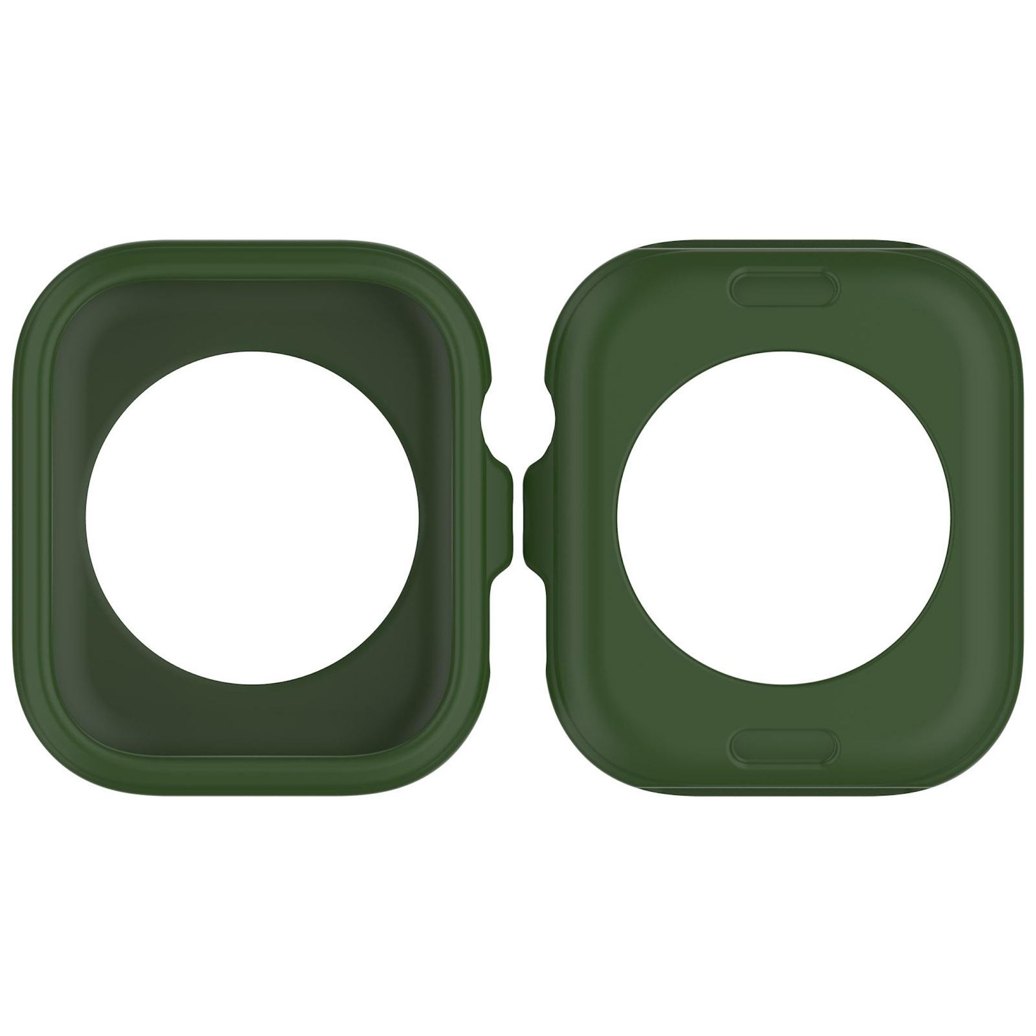 Due metà di custodia per orologio verde oliva. Ognuna ha un'apertura circolare al centro. Sfondo bianco.