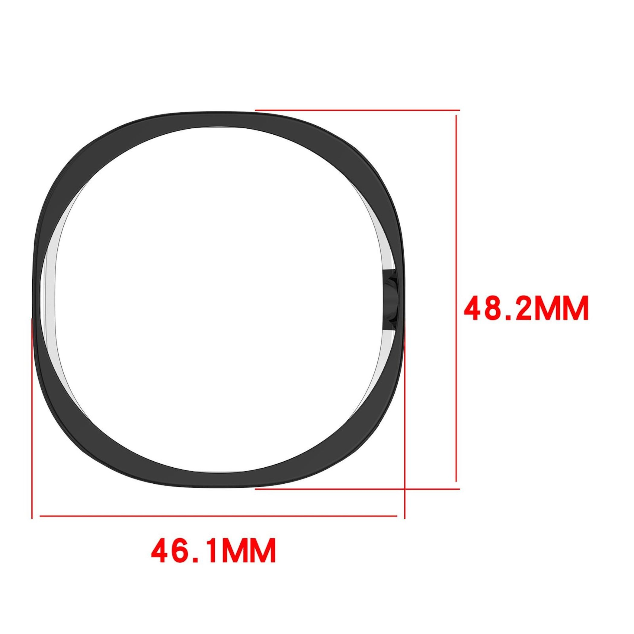 Anello nero con interno bianco, dimensioni indicate in rosso come 46,1 mm e 48,2 mm, su sfondo bianco.