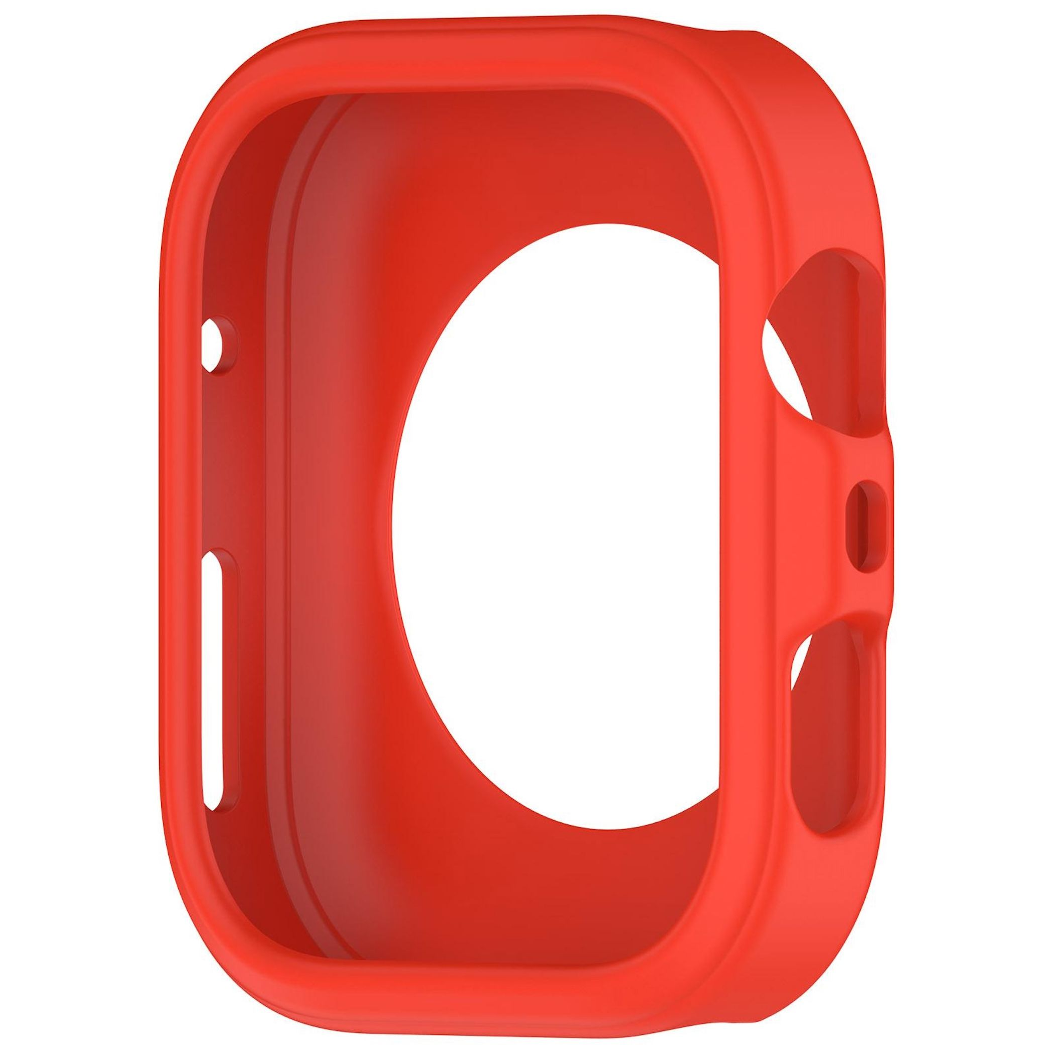 Una custodia per orologio rossa a forma ovale con fori per pulsanti e schermo.