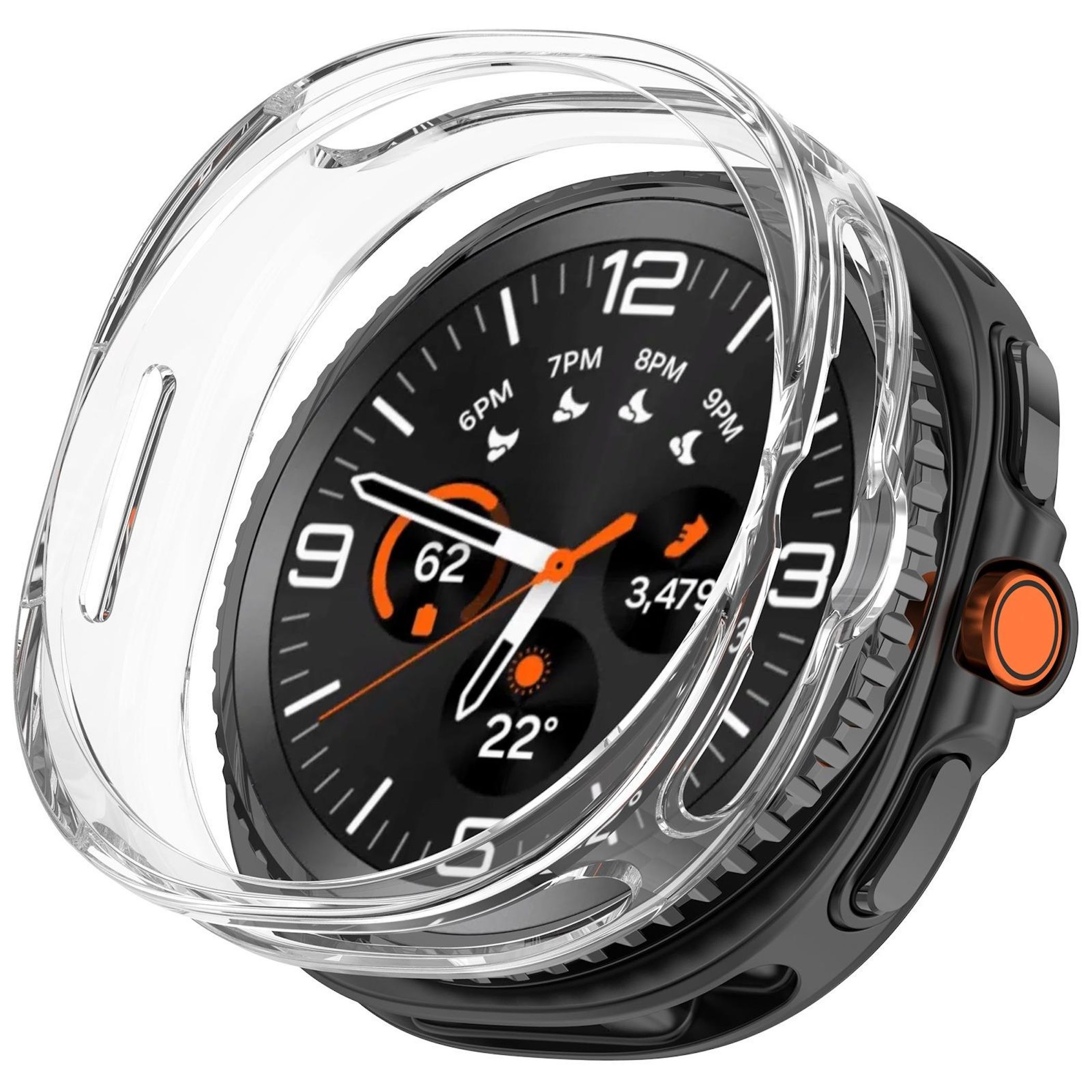 Uno smartwatch con custodia trasparente. Il quadrante è nero con numeri bianchi e lancette arancioni. La cassa ha un pulsante arancione.