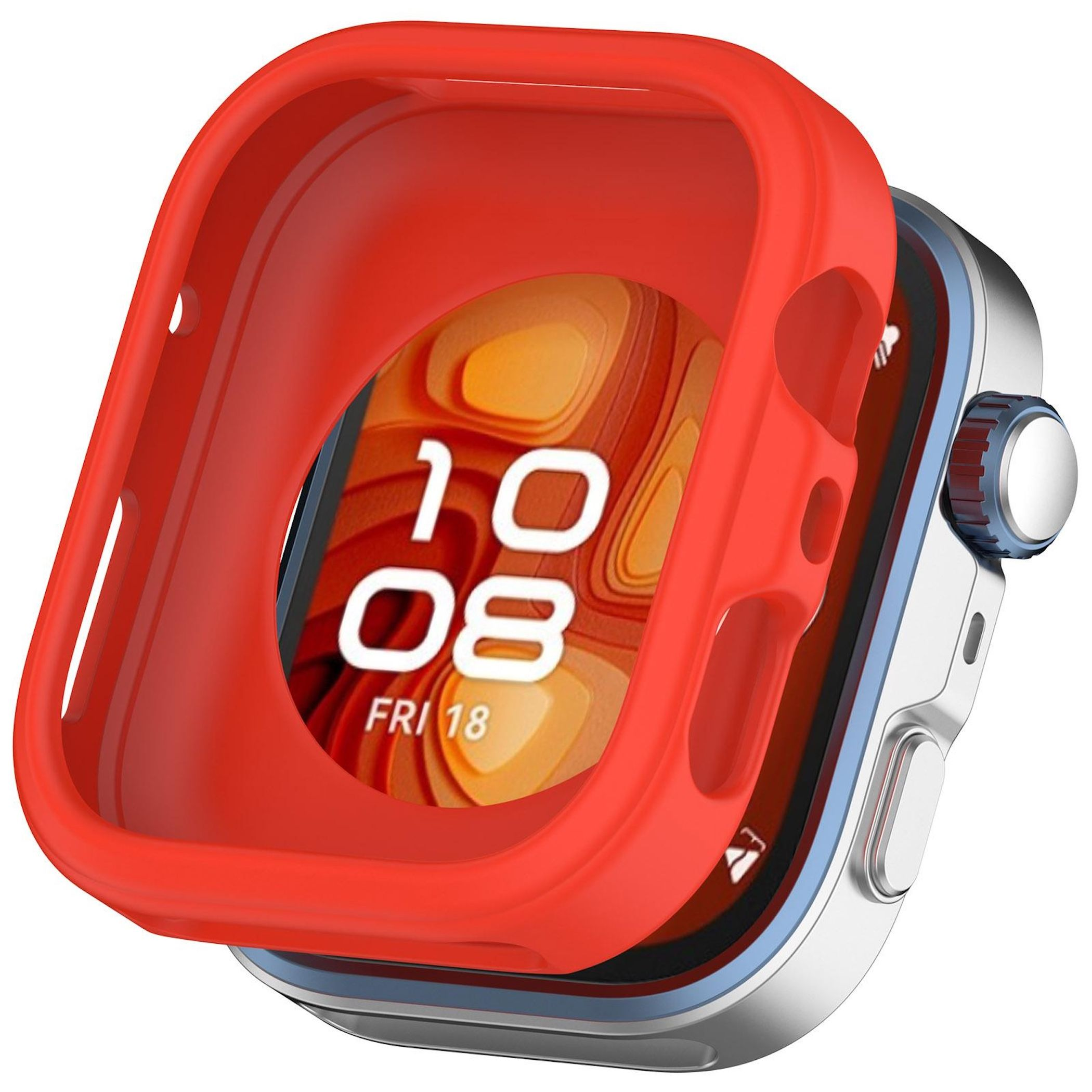 Uno smartwatch con custodia protettiva rossa. Lo schermo mostra l'ora, 10:08, e la data, venerdì 18.