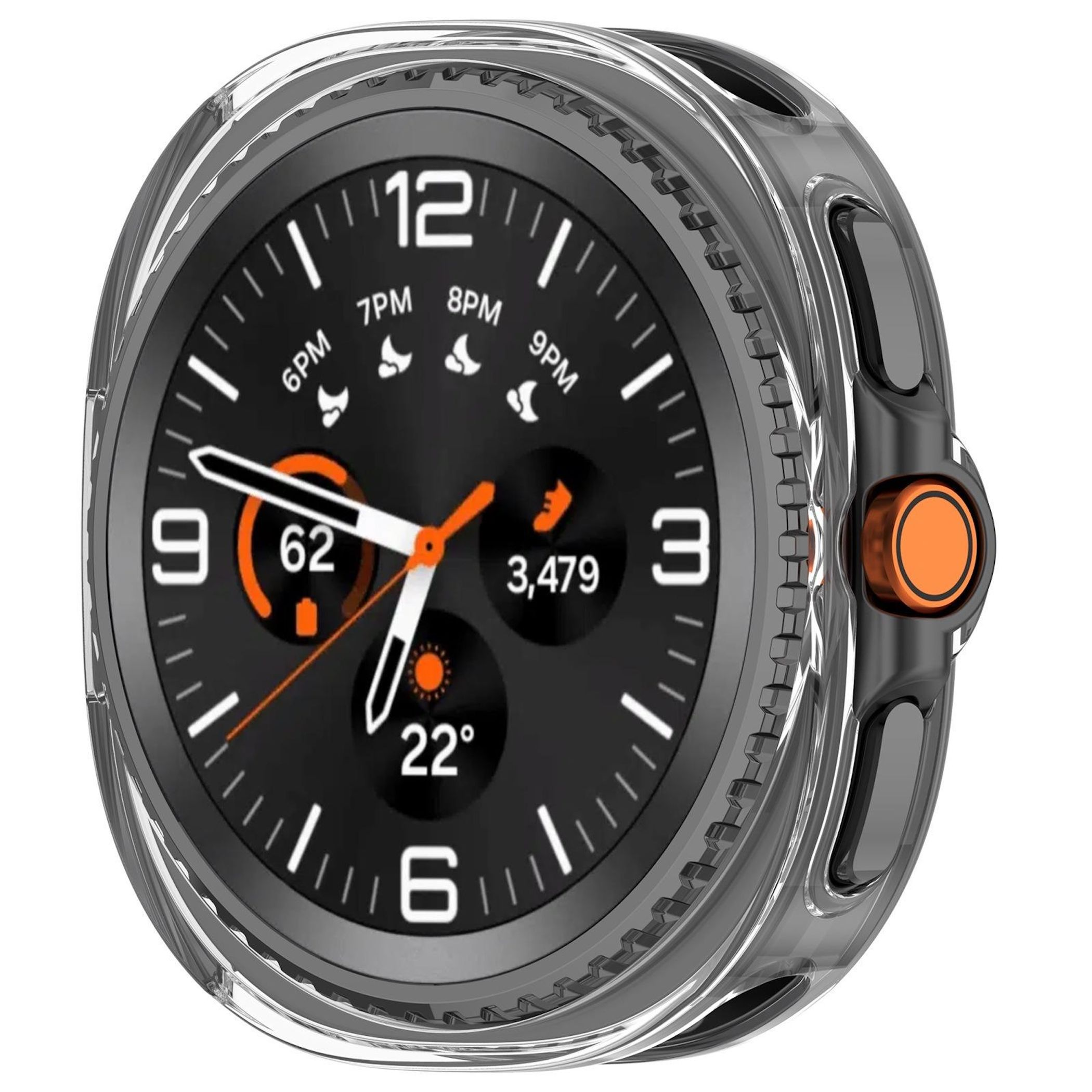 Uno smartwatch con custodia trasparente. Il quadrante mostra ora, passi e temperatura, con dettagli arancioni e bianchi.