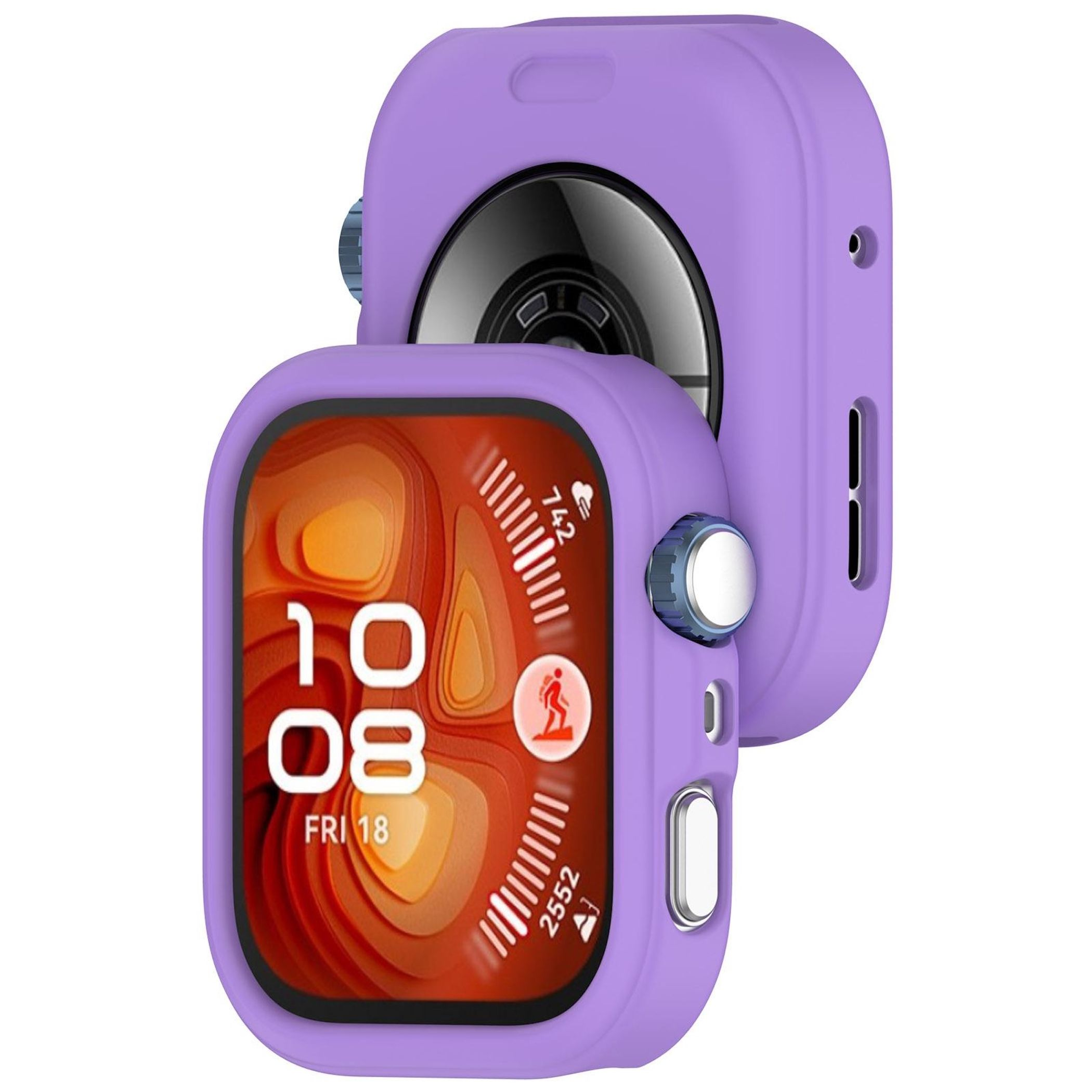 Uno smartwatch viola con display che mostra ora e dati di attività, racchiuso in una custodia protettiva.