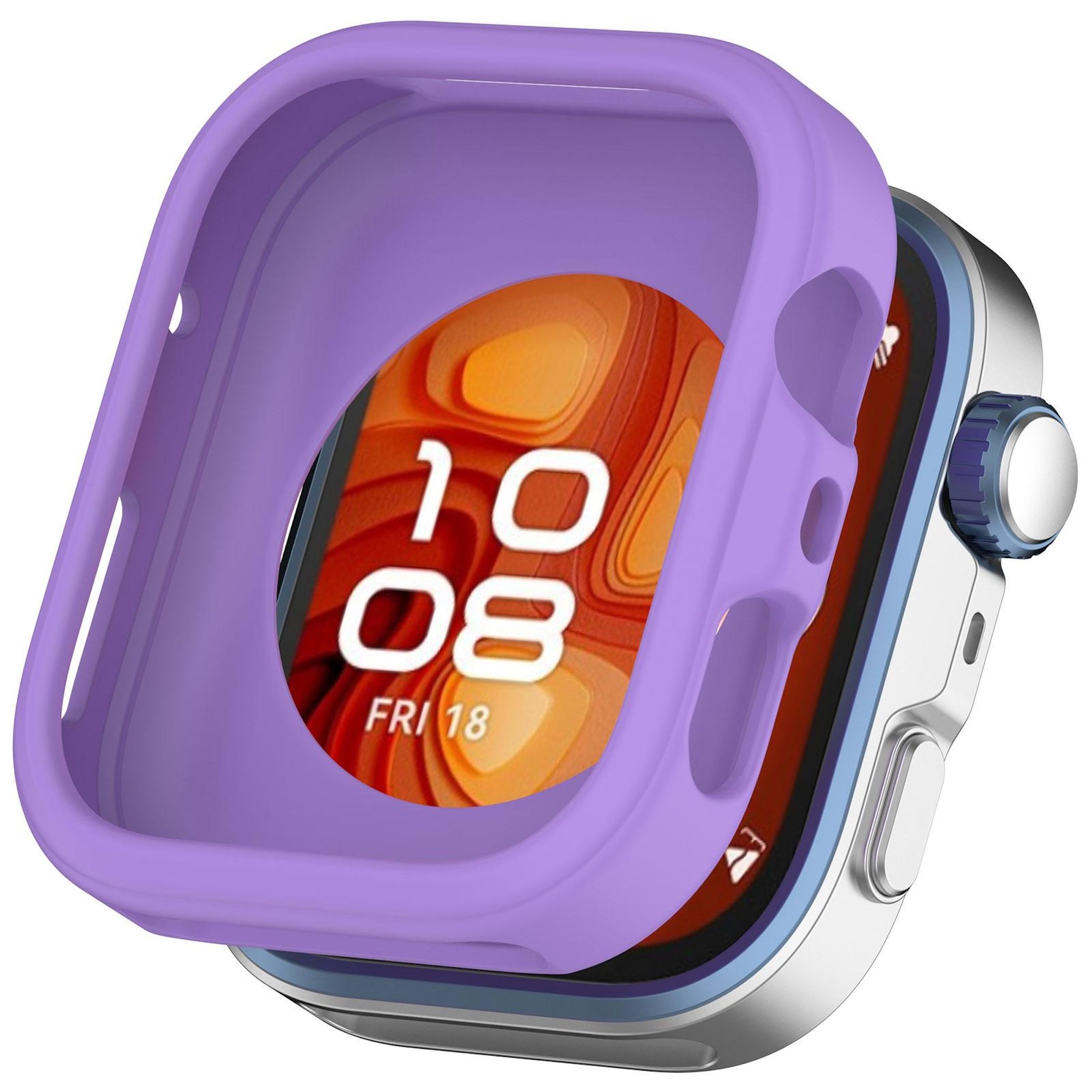 Uno smartwatch con custodia viola mostra l'ora 10:08 di venerdì. L'orologio ha un corpo argentato e un quadrante blu.