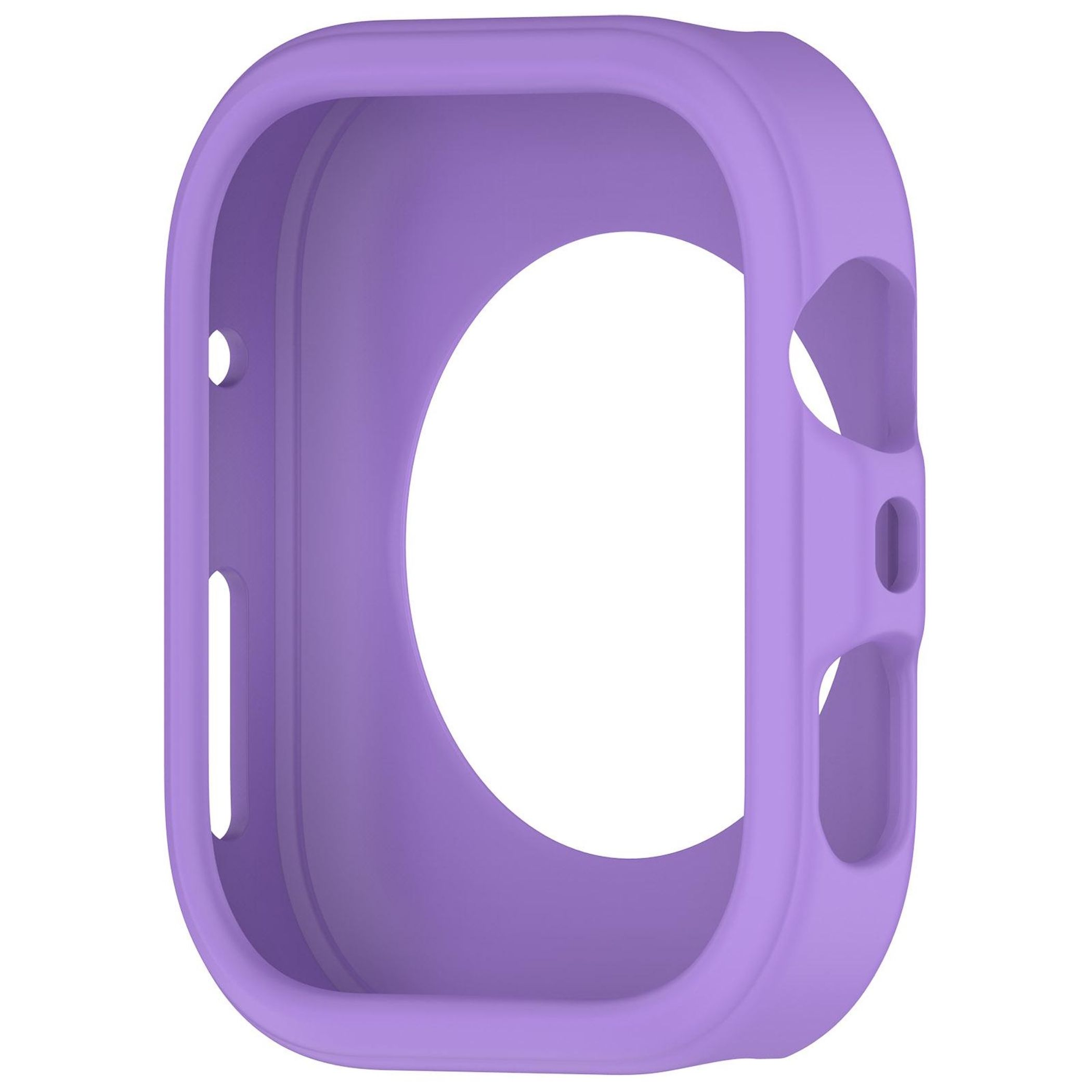 Un primo piano di una custodia per orologio lavanda con ritagli per pulsanti, schermo e cinturino.