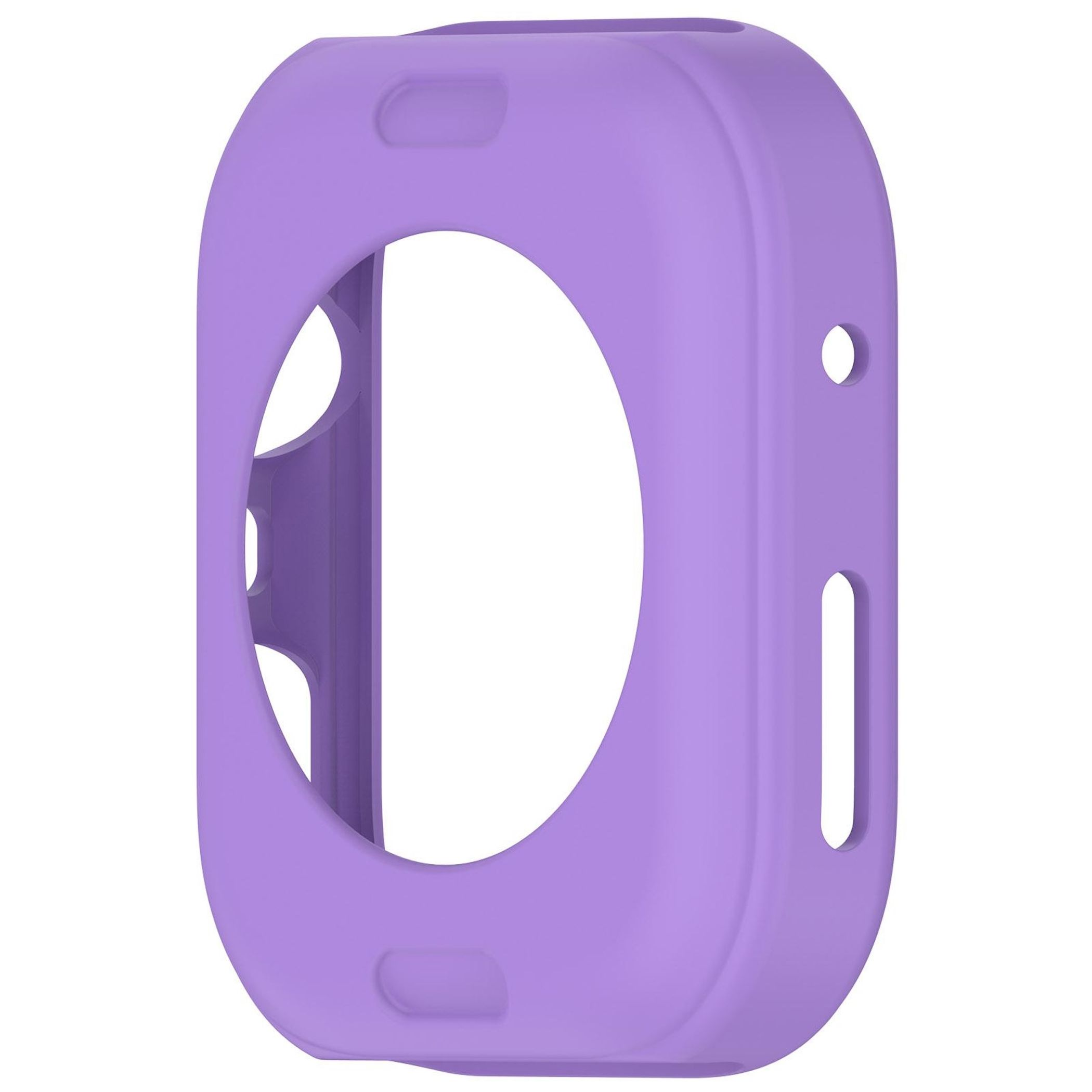 Una custodia in silicone viola per un dispositivo, con una grande apertura centrale e vari fori e fessure.