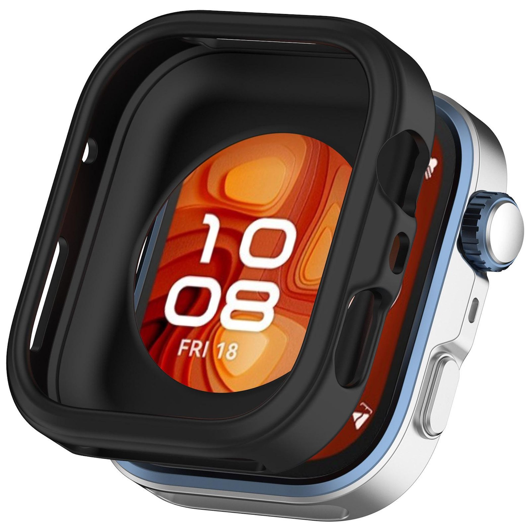 Smartwatch con custodia nera. Lo schermo mostra l'ora 10:08 e venerdì 18. Corpo dell'orologio argentato e bordo blu.