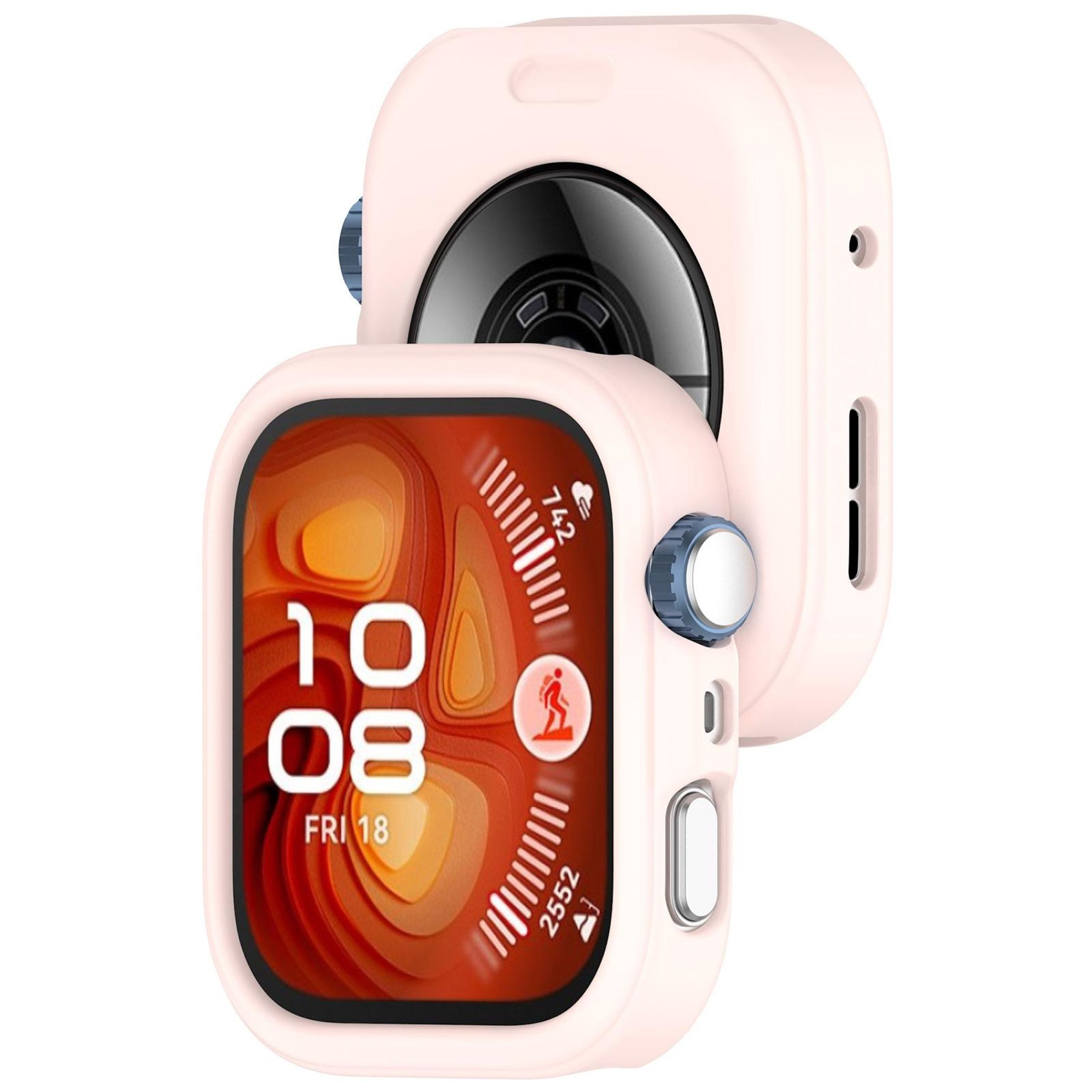 Eine rosa Smartwatch mit einem Bildschirm, der Zeit und Gesundheitsmetriken anzeigt, umhüllt von einer Schutzhülle. Der Hintergrund ist weiß.
