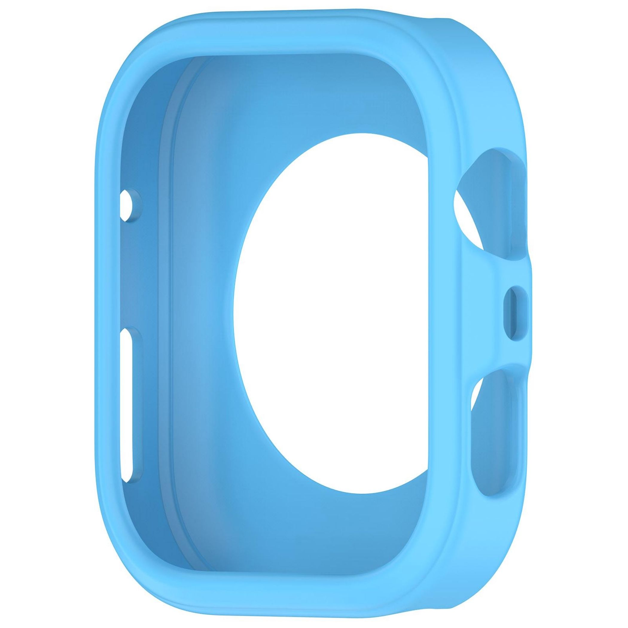 Una custodia protettiva azzurra per smartwatch, con angoli arrotondati e aperture per pulsanti e sensori, su sfondo bianco.