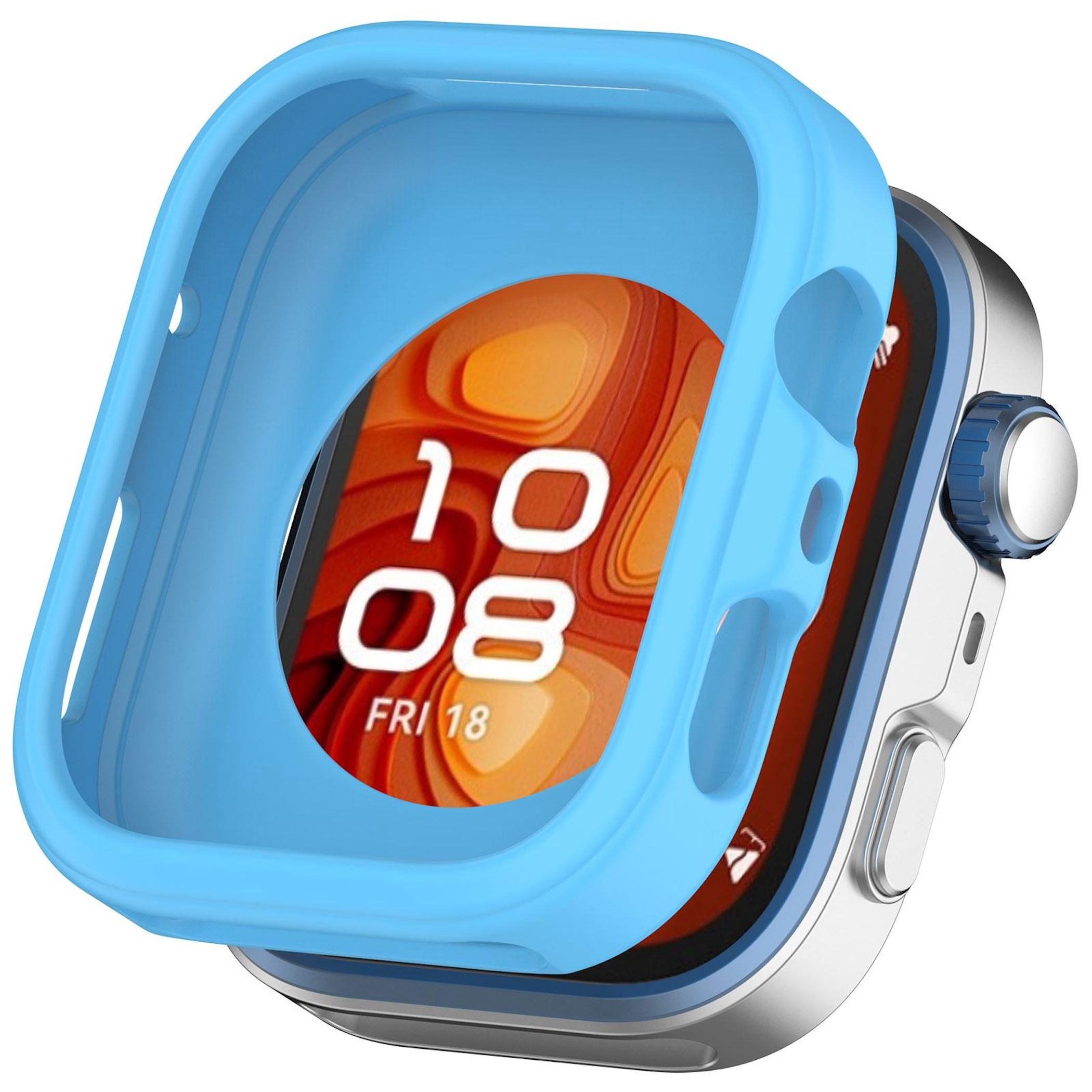 È mostrato uno smartwatch con custodia blu. Il quadrante mostra l'ora 10:08 e la data Ven 18.