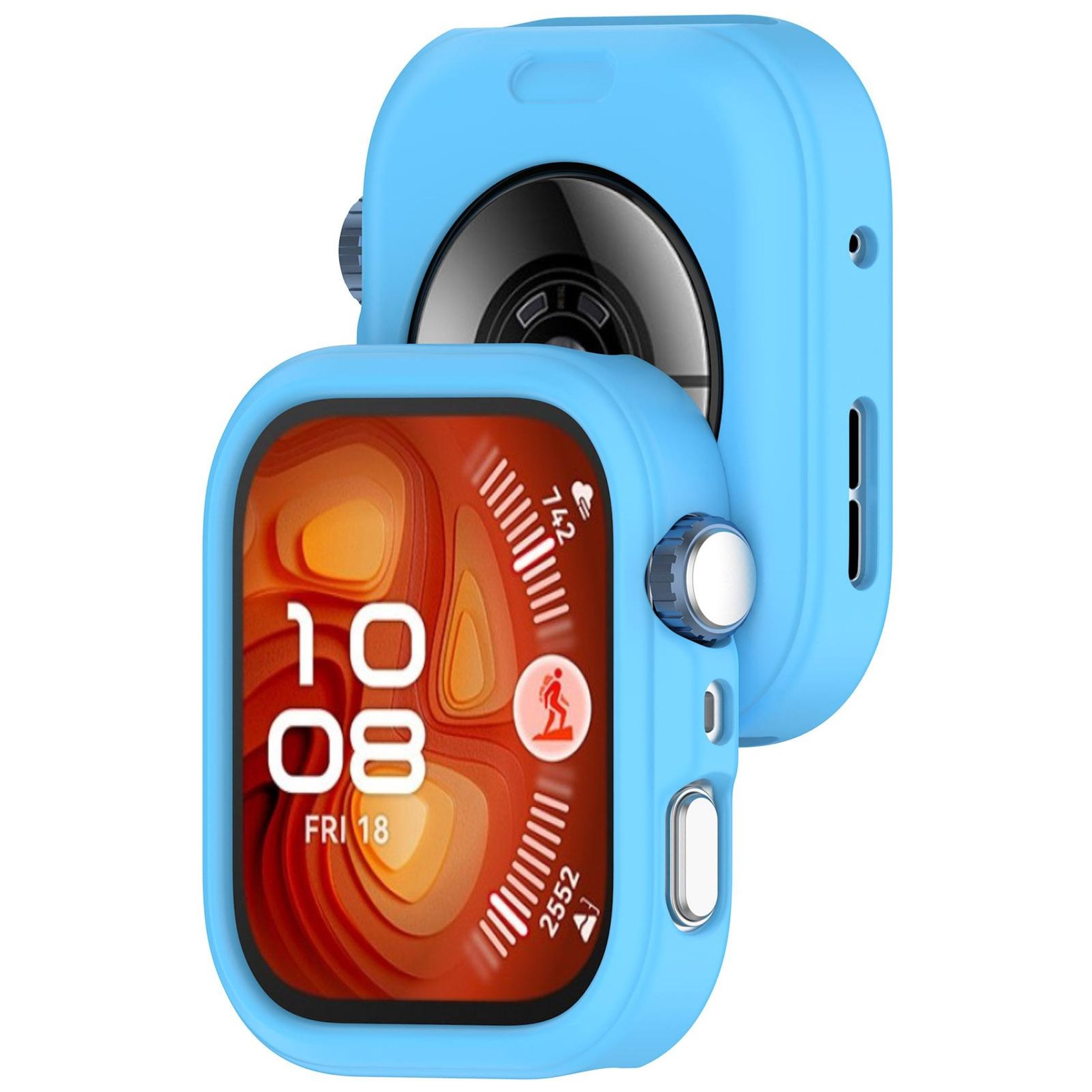 Uno smartwatch blu in una custodia protettiva mostra l'ora e la data. Lo sfondo è bianco.