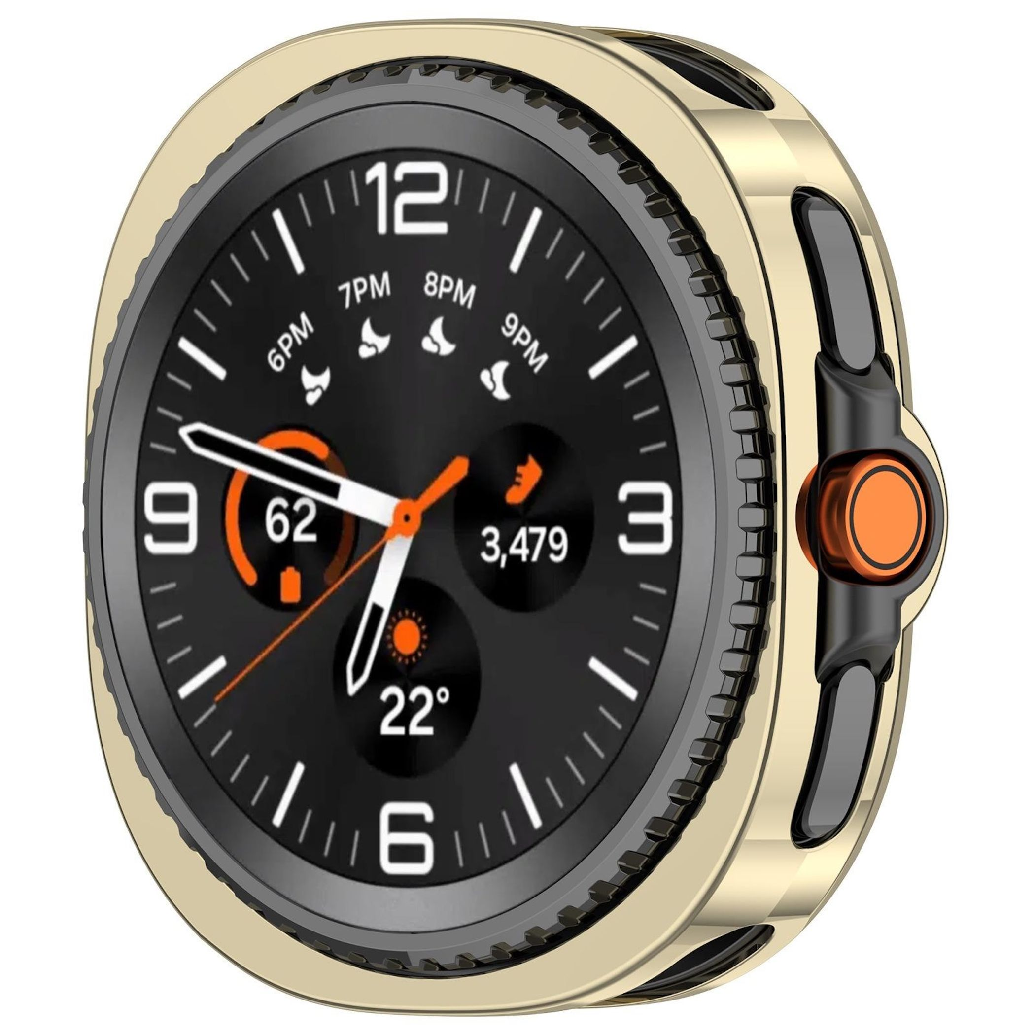 Primo piano di uno smartwatch, lunetta dorata, quadrante nero con dettagli bianchi e arancioni, che mostra ora, passi e temperatura.