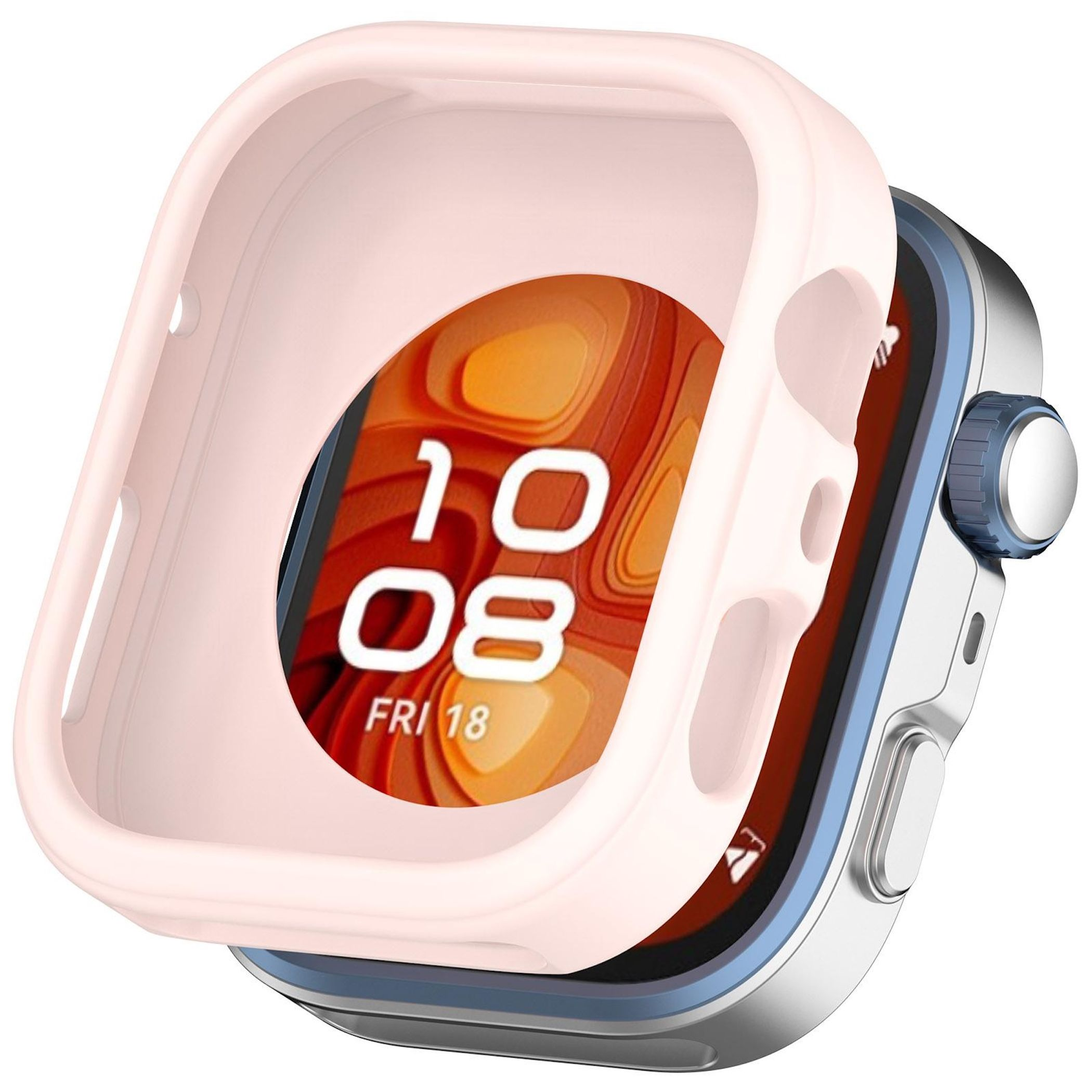 Eine Smartwatch mit rosa Gehäuse, die Zeit und Datum anzeigt. Die Uhr ist silber mit blauem Akzent.