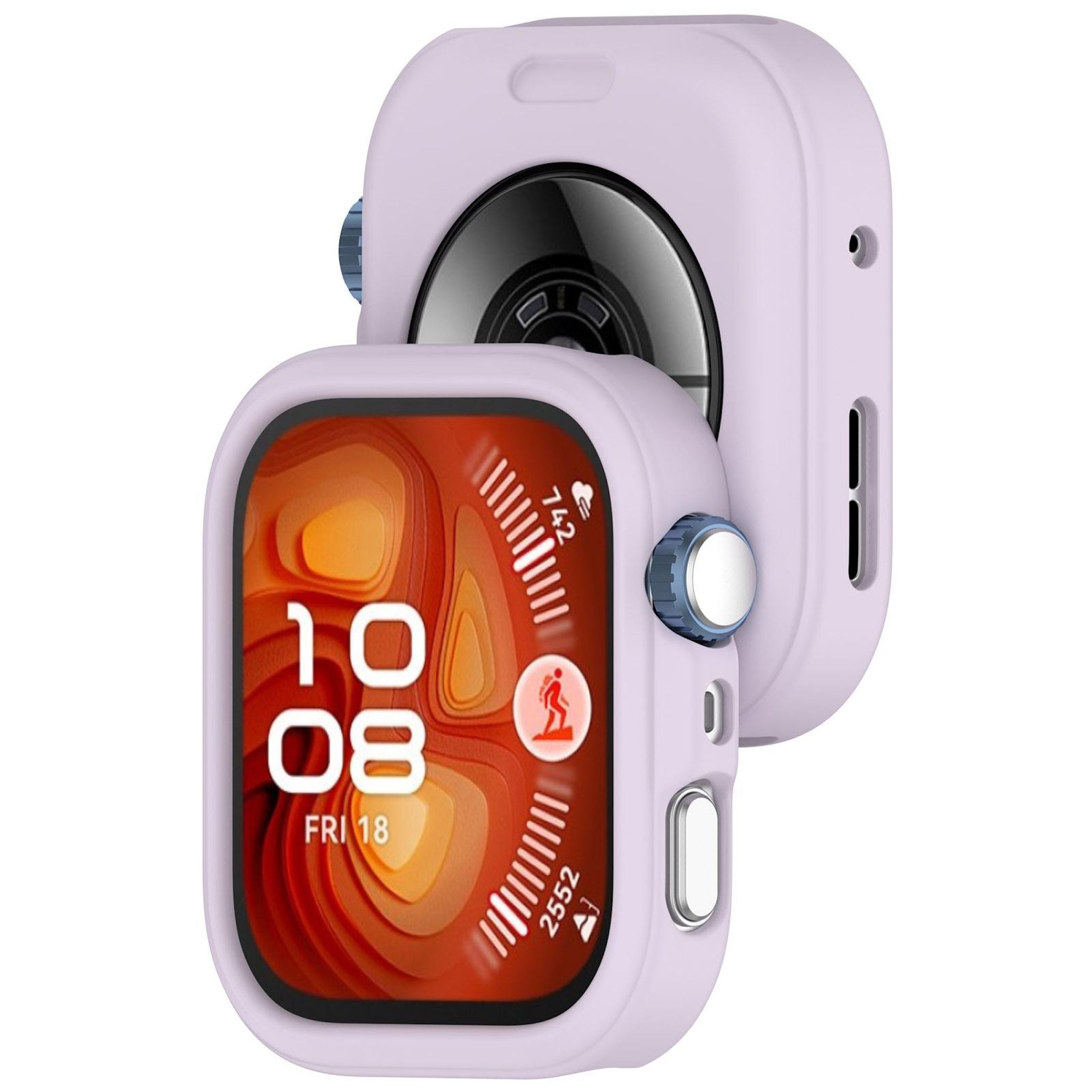 Due smartwatch in custodie lilla chiaro. Uno mostra l'ora, i passi e l'icona dell'attività. L'altro mostra il retro.