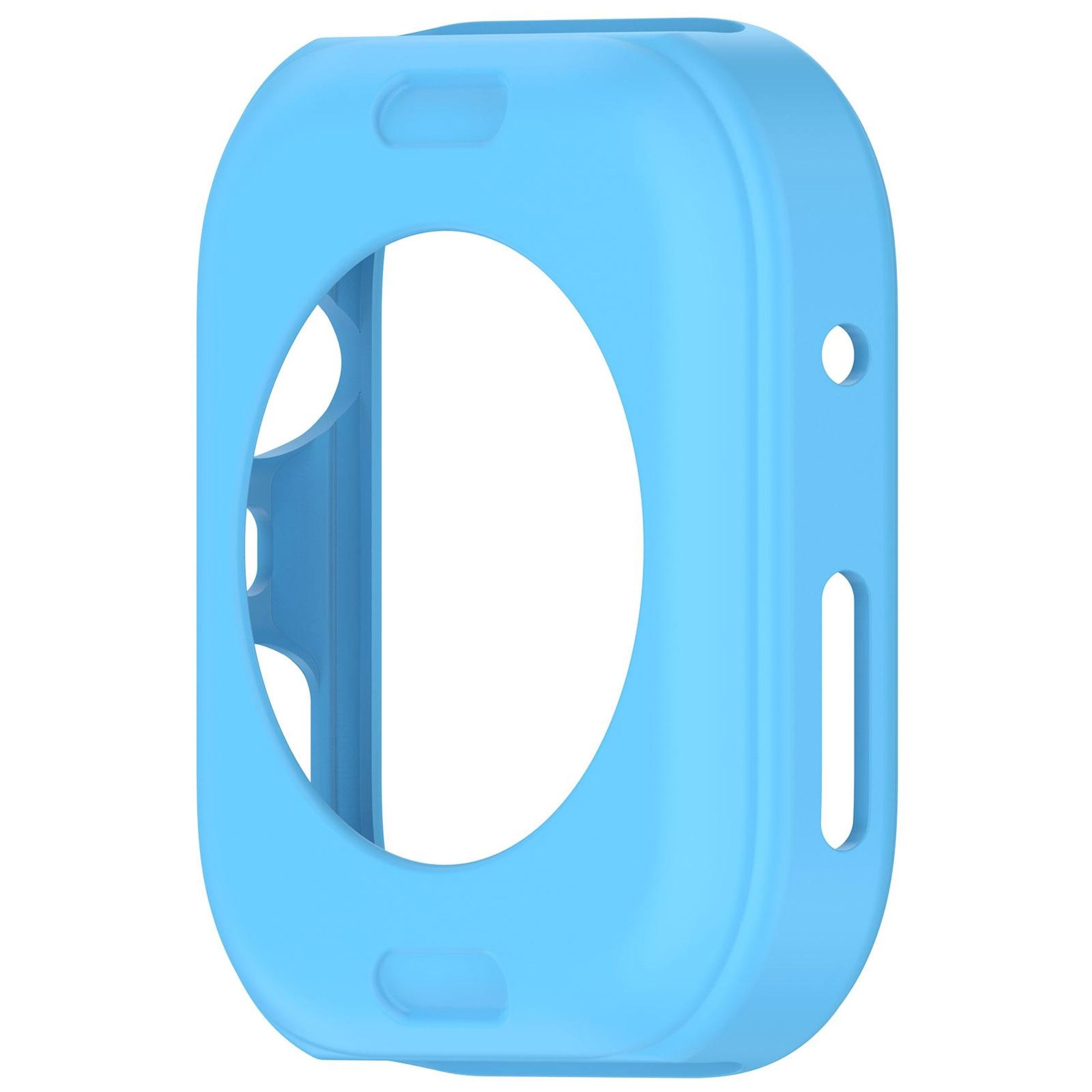 Una custodia in silicone blu chiaro per un dispositivo, con un grande foro centrale e altre aperture.