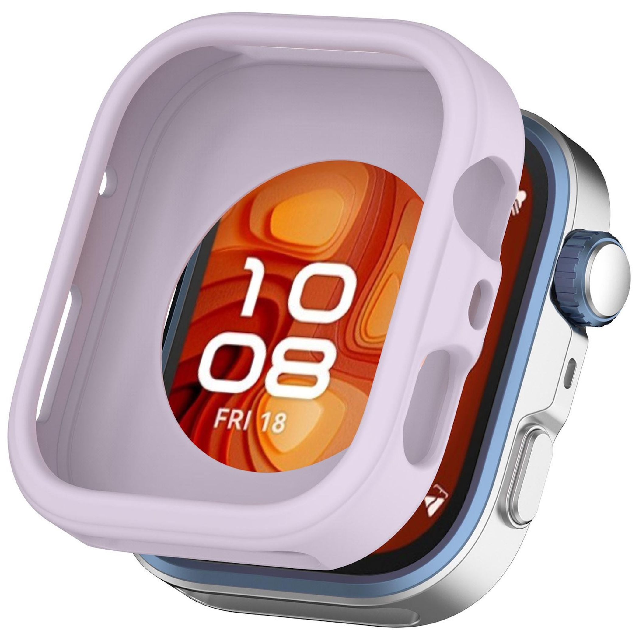 Uno smartwatch con custodia lilla chiaro. Lo schermo mostra l'ora, 10:08, e il giorno, venerdì 18.