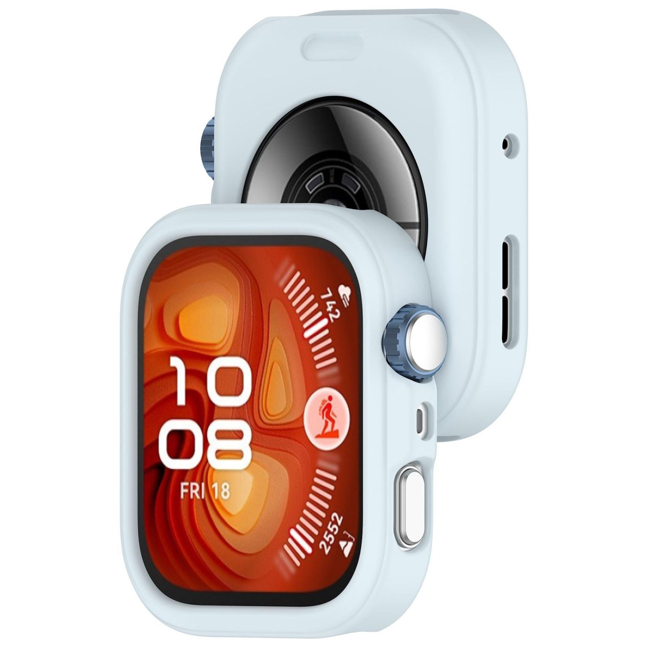 Due smartwatch azzurri. Uno è in primo piano, che mostra l'ora 10:08, venerdì 18. Sfondo arancione con indicatori bianchi.