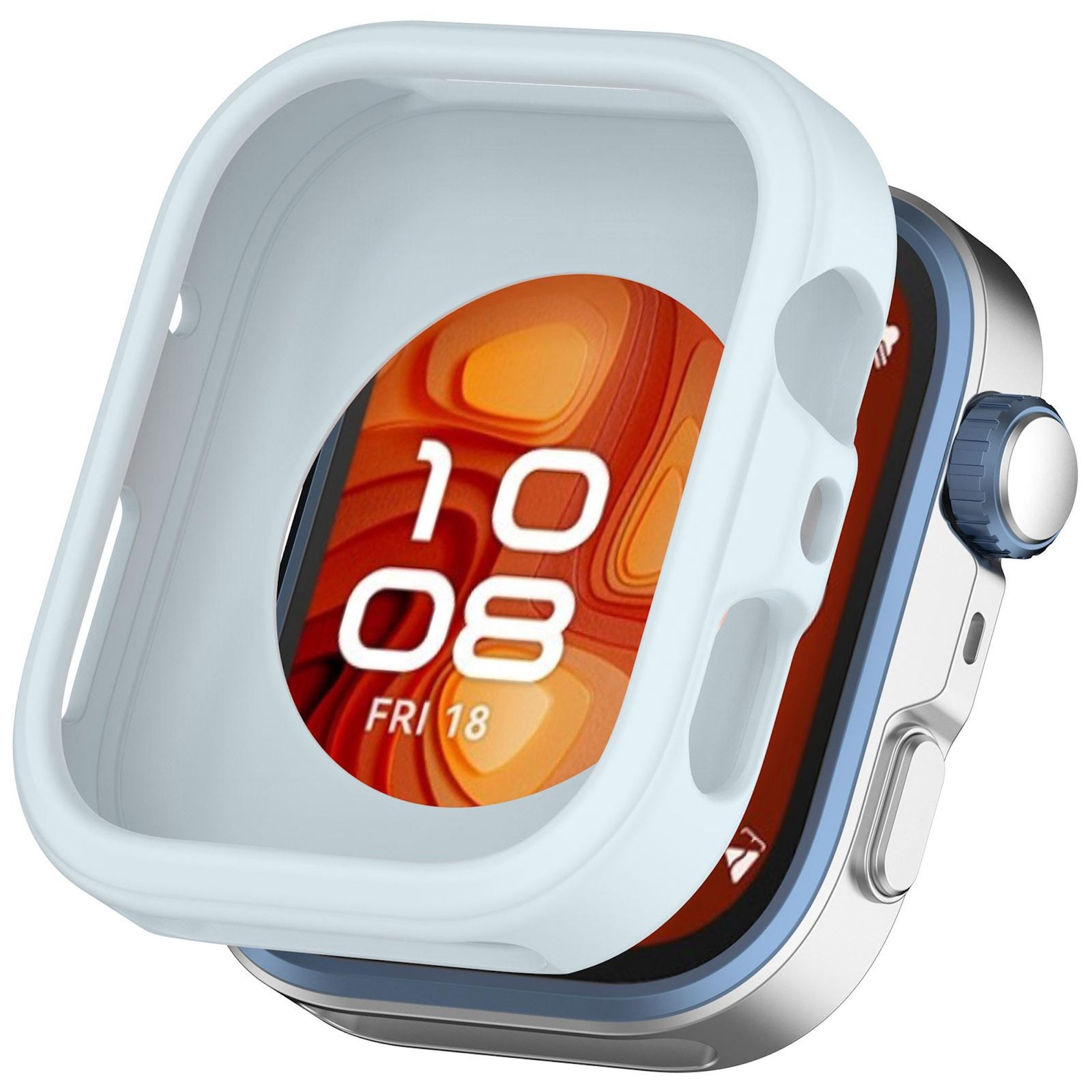Un Apple Watch con custodia azzurra. Il quadrante mostra ora e data. Lo sfondo è arancione.