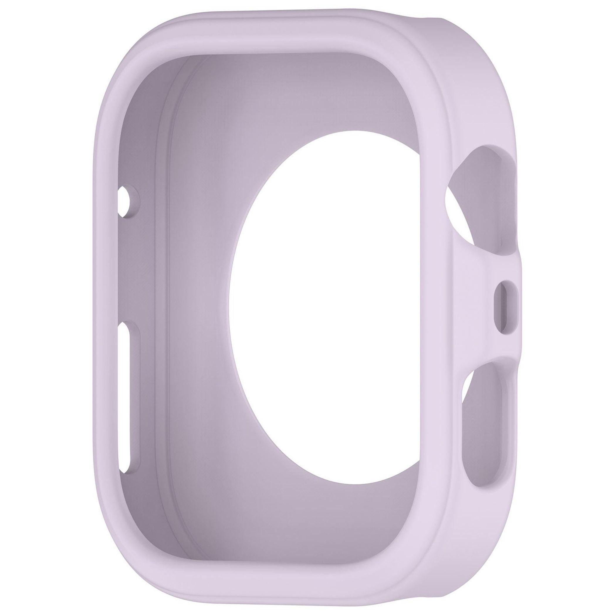 Una custodia protettiva lavanda per un orologio. Ha una forma rettangolare arrotondata con fori per schermo e pulsanti.