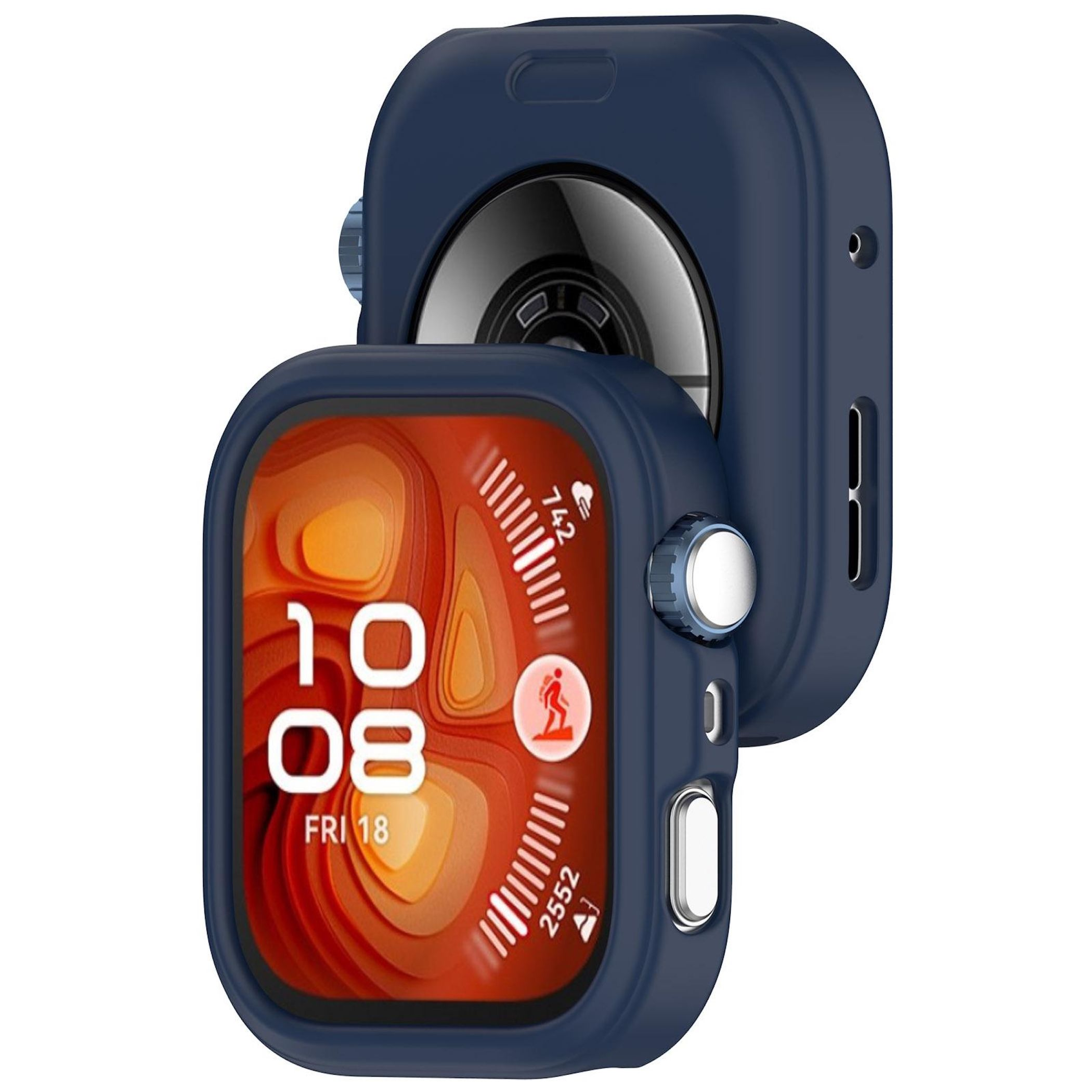 Una custodia blu scuro protegge uno smartwatch. Il quadrante mostra l'ora e i dati dell'attività. Lo sfondo è bianco.