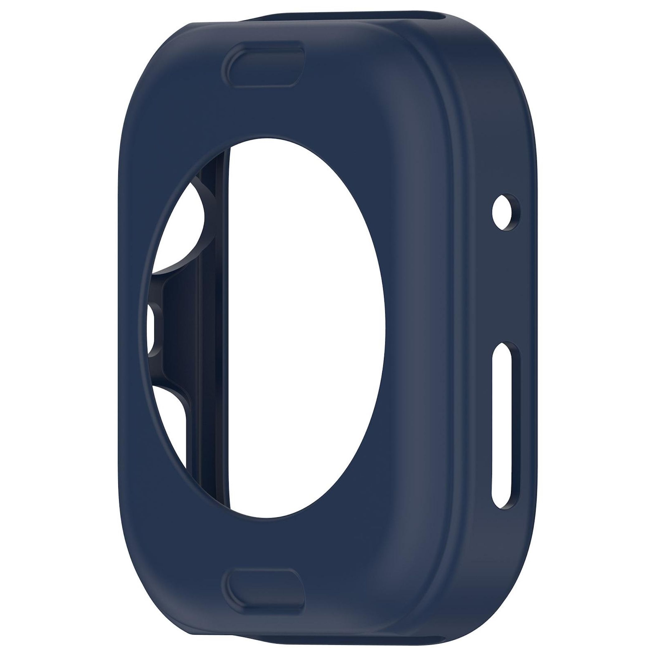 Una custodia per orologio blu scuro. Ha una grande apertura per il quadrante e aperture per i pulsanti e il cinturino.
