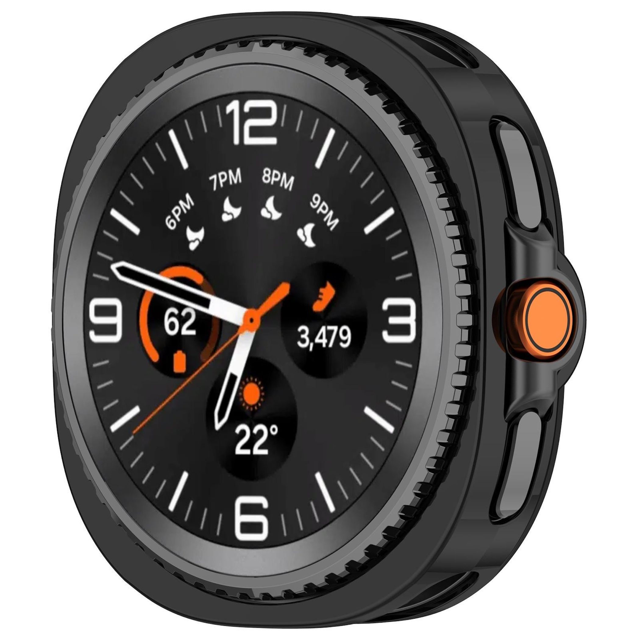 Primo piano di uno smartwatch con lunetta nera. Il quadrante mostra l'ora, i passi e la batteria, con accenti arancioni e bianchi.