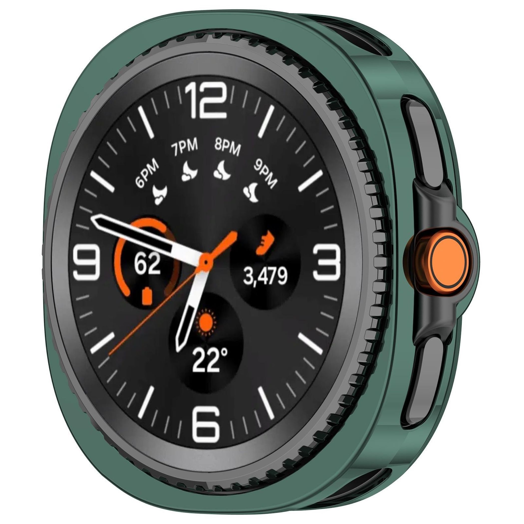 Uno smartwatch con lunetta verde mostra ora, passi e temperatura. Lancette e dettagli arancioni. Quadrante nero.
