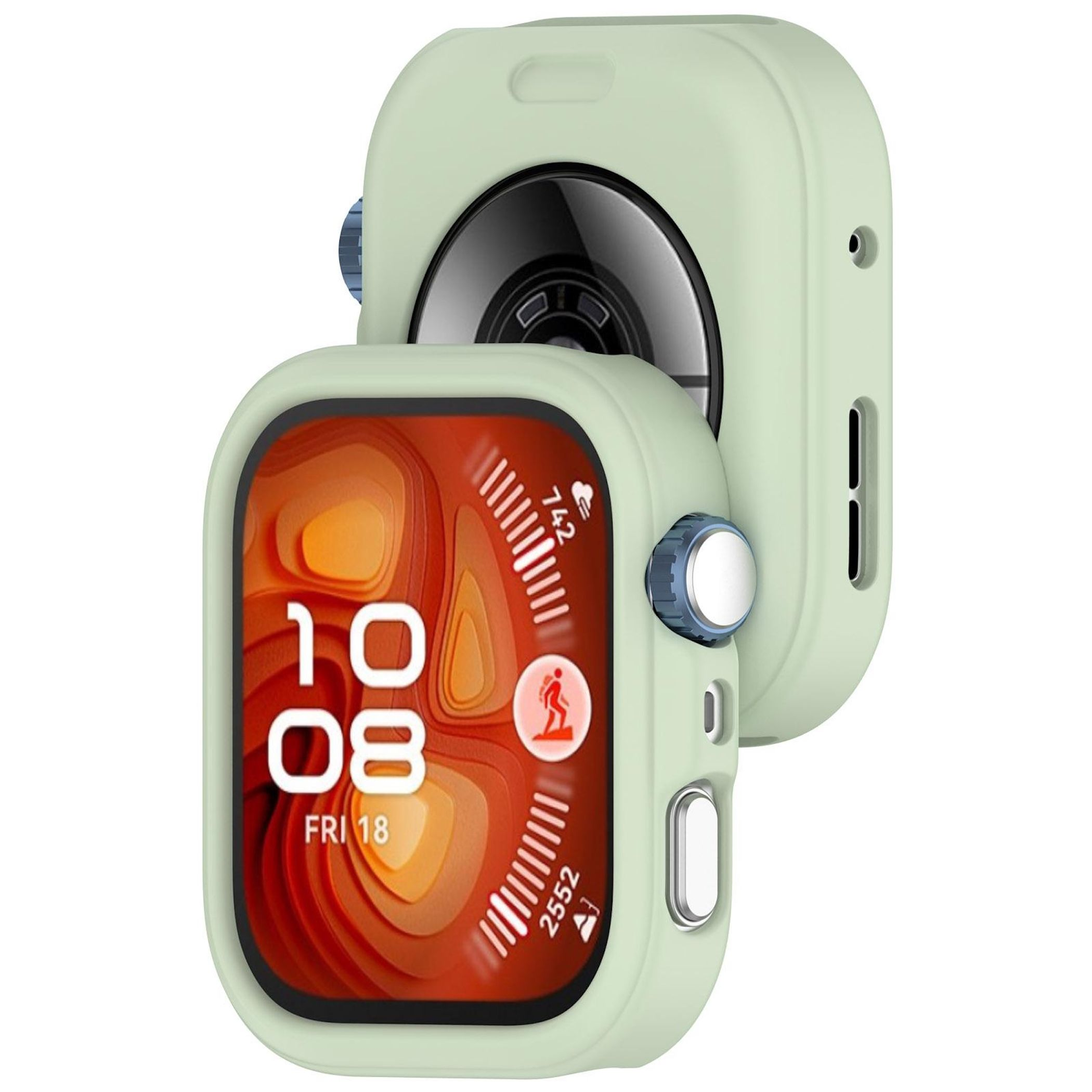 Uno smartwatch verde menta con display digitale che mostra l'ora e le metriche di fitness. L'orologio è in una custodia protettiva.