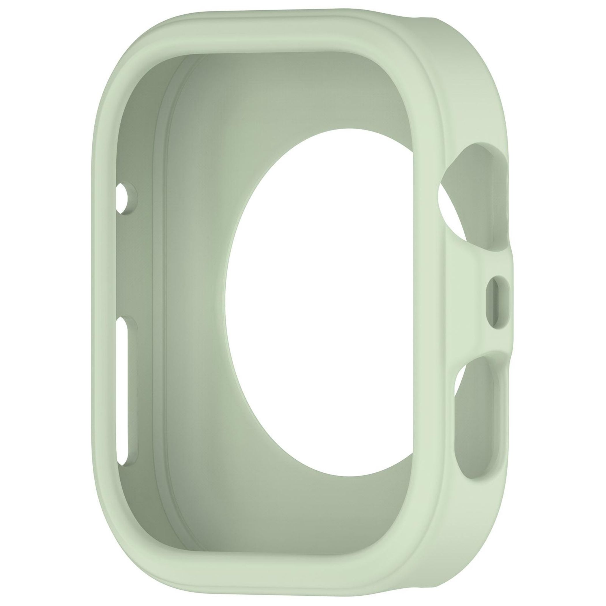 Una custodia per orologio verde chiaro con una grande apertura circolare e aperture più piccole per i pulsanti.
