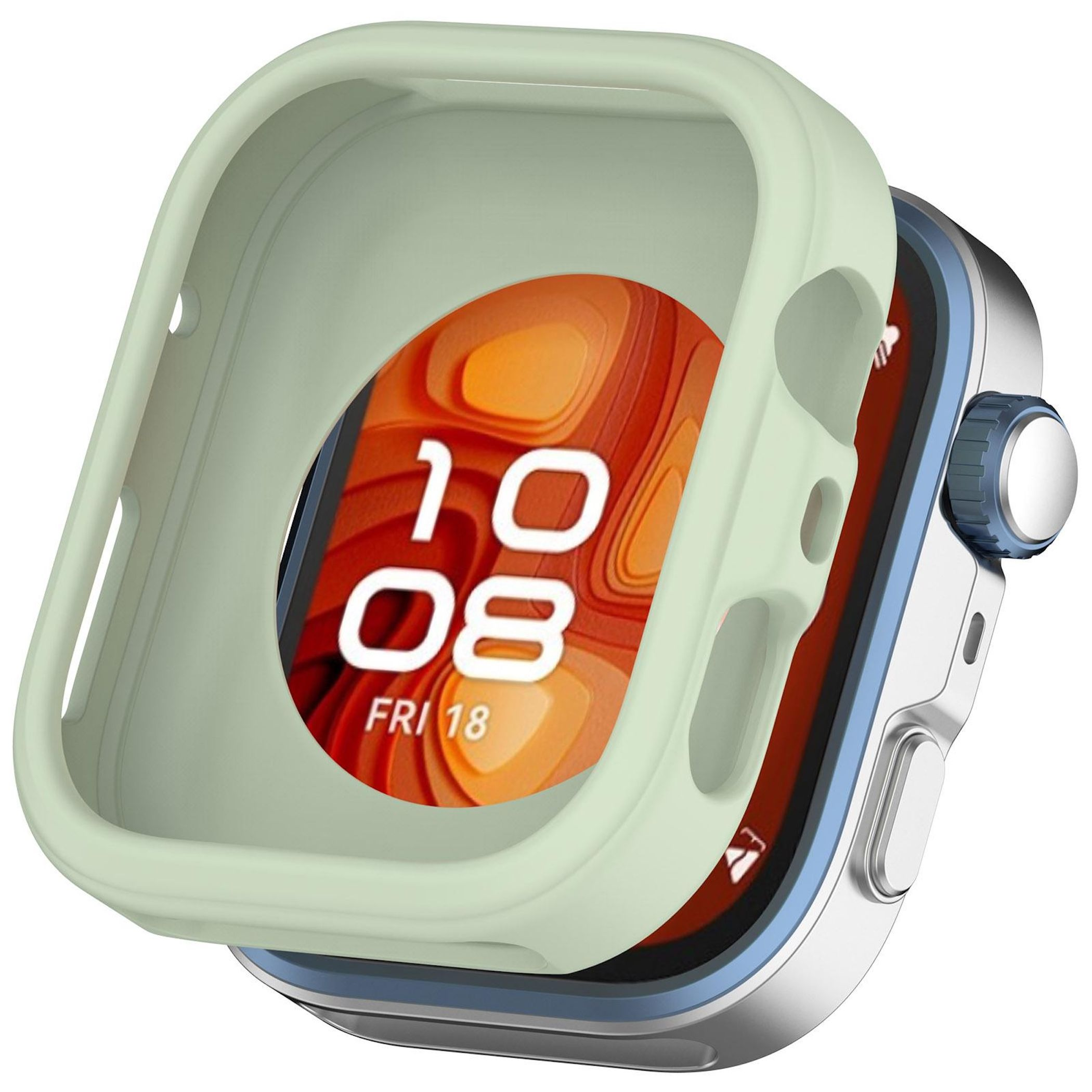Un Apple Watch con custodia verde chiaro, mostra l'ora 10:08 su sfondo arancione strutturato.