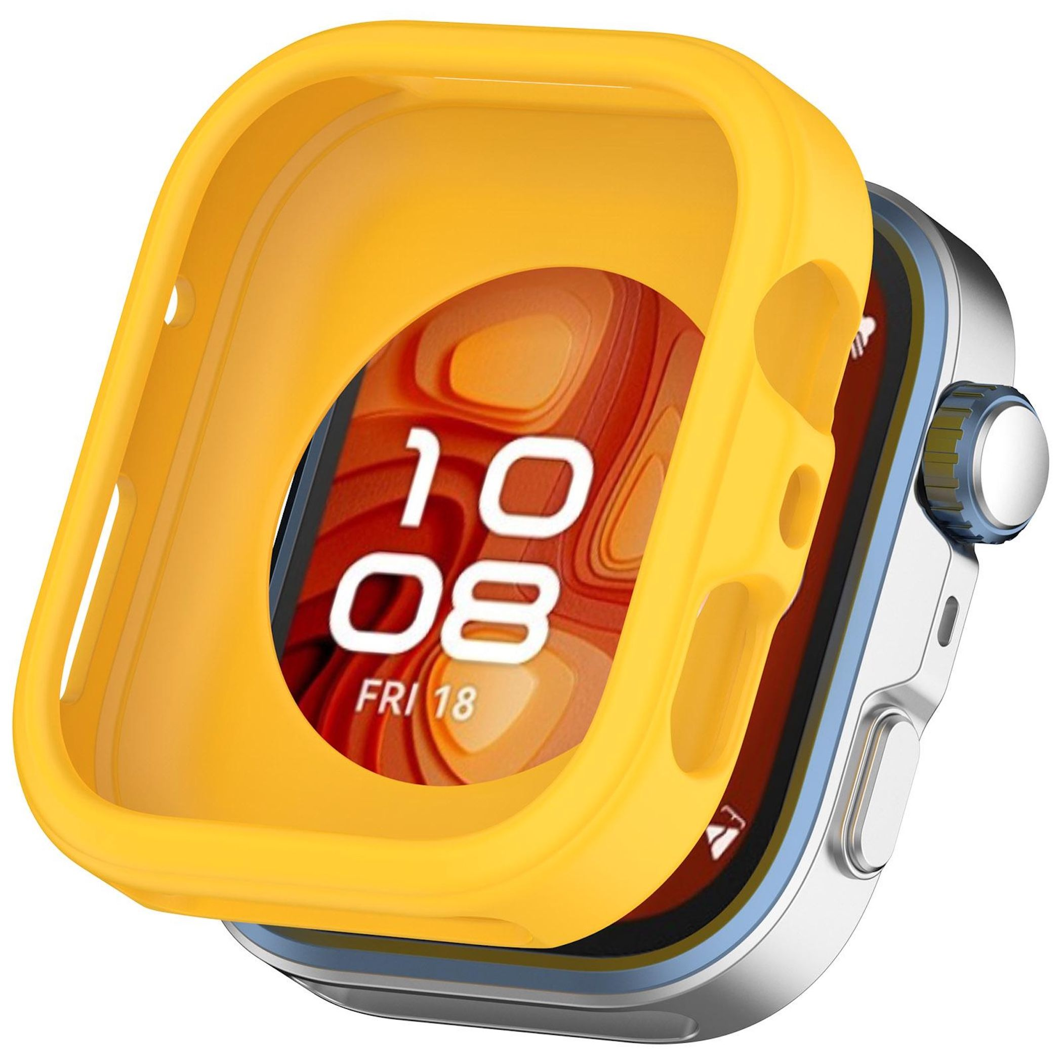Uno smartwatch con custodia gialla mostra l'ora 10:08 su sfondo rosso-arancione. La data è venerdì 18.
