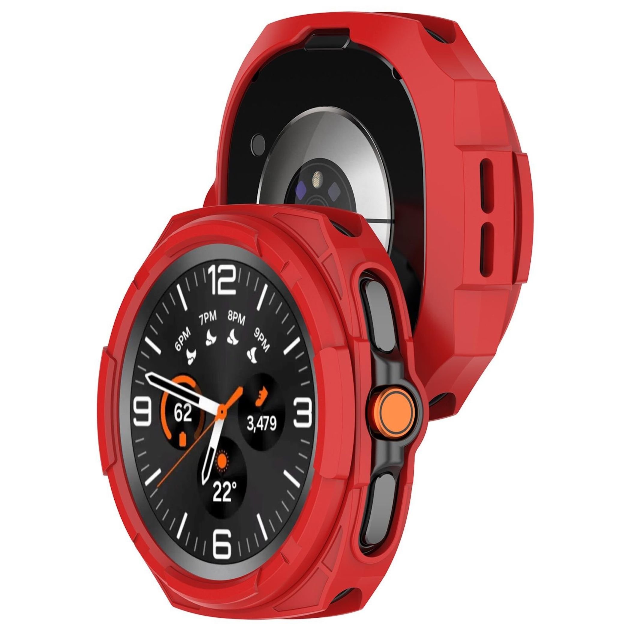 Smartwatch rosso con quadrante nero che mostra ora, passi e temperatura. Accenti arancioni e custodia protettiva rossa.