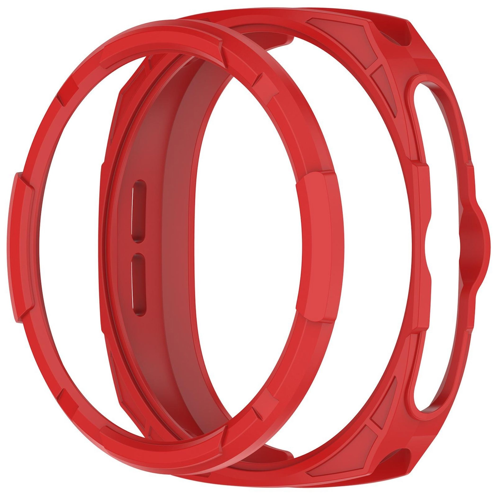 Sono mostrate due lunette rosse per orologi. Una è dentro l'altra. I dettagli includono tacche e aperture.