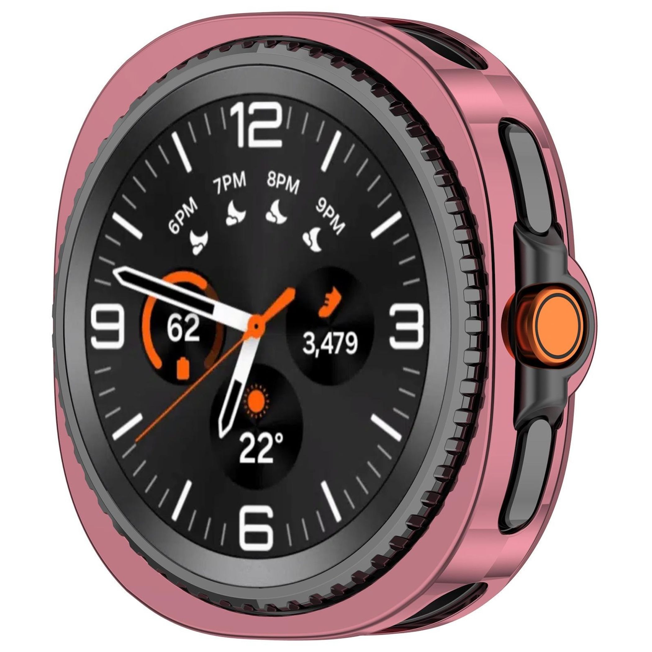 Uno smartwatch oro rosa con quadrante nero. Visualizza ora, passi e dati meteo. Le lancette sono arancioni.