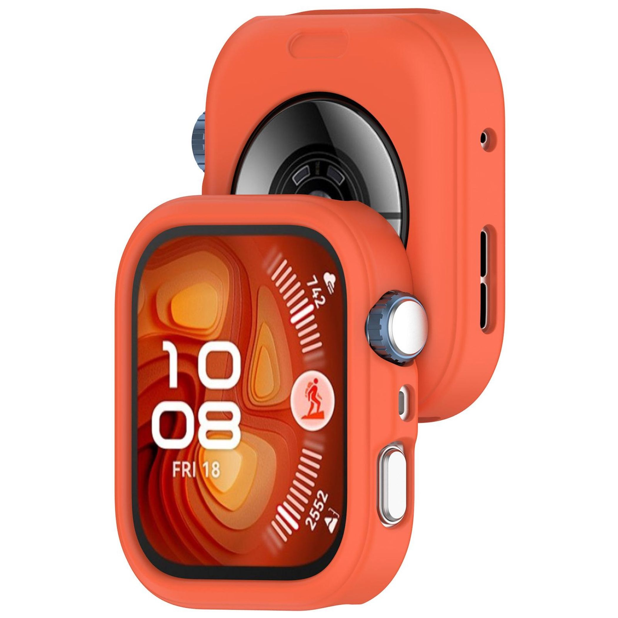 Smartwatch arancione in custodia protettiva. Lo schermo mostra l'ora e i dati fitness. Una seconda custodia dietro.