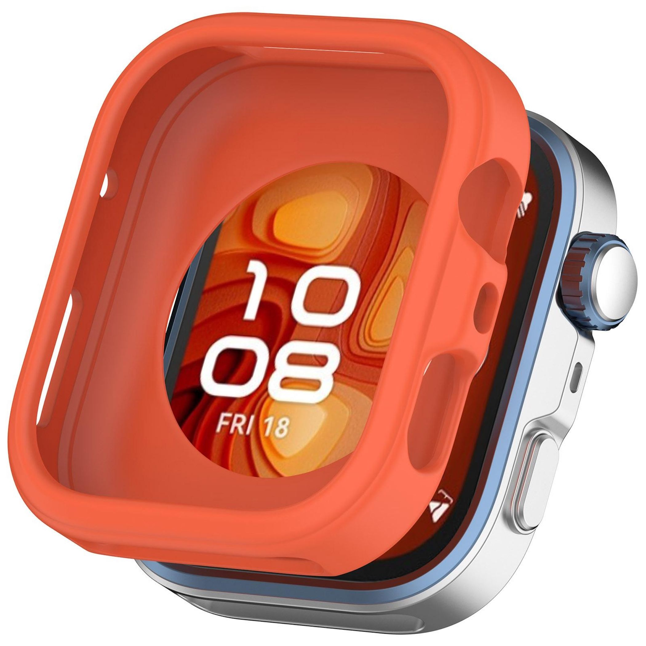 Una custodia arancione per orologio circonda uno smartwatch argentato con un display digitale che mostra l'ora e la data.