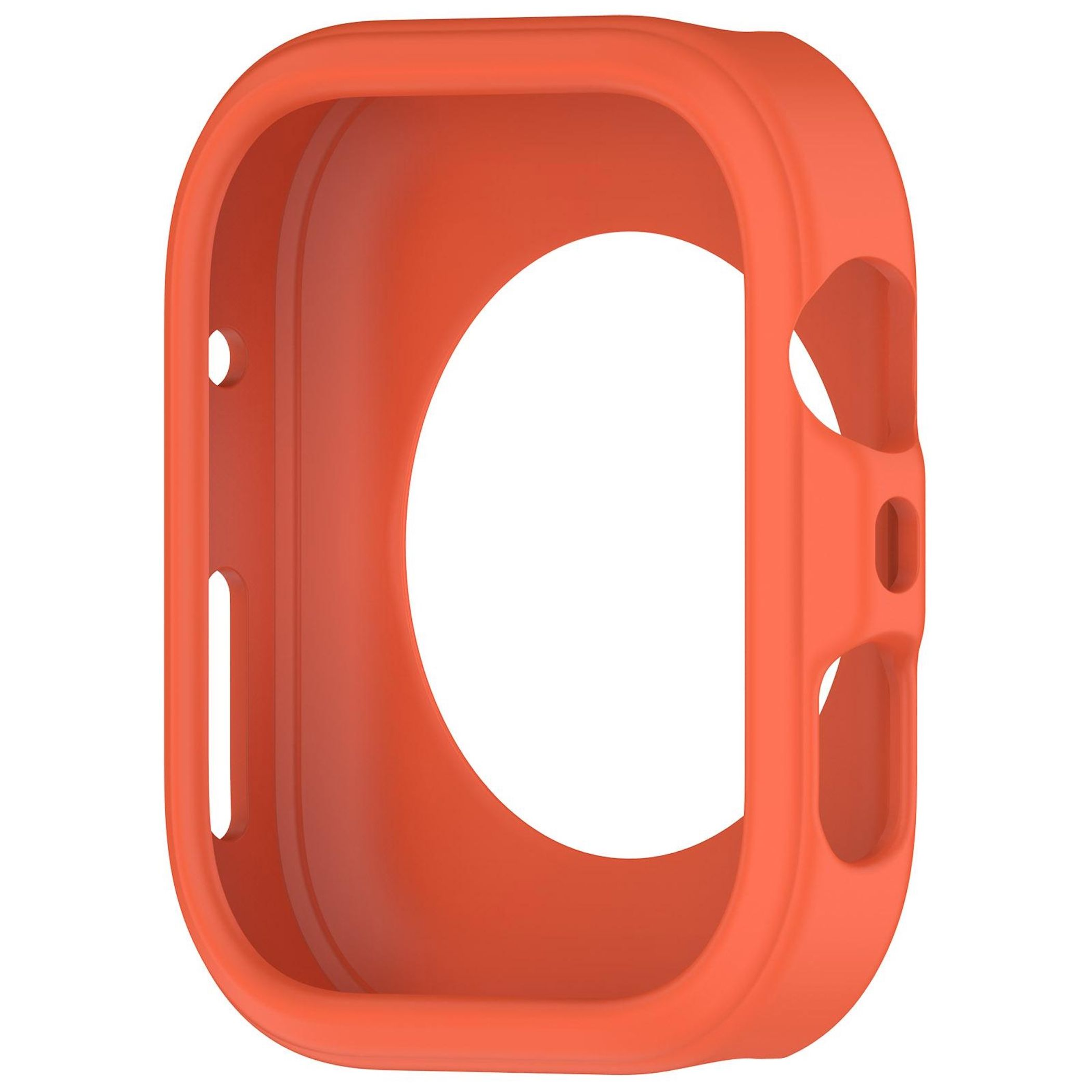 Un protettore per cassa orologio arancione con bordi arrotondati e aperture per controlli e schermo.