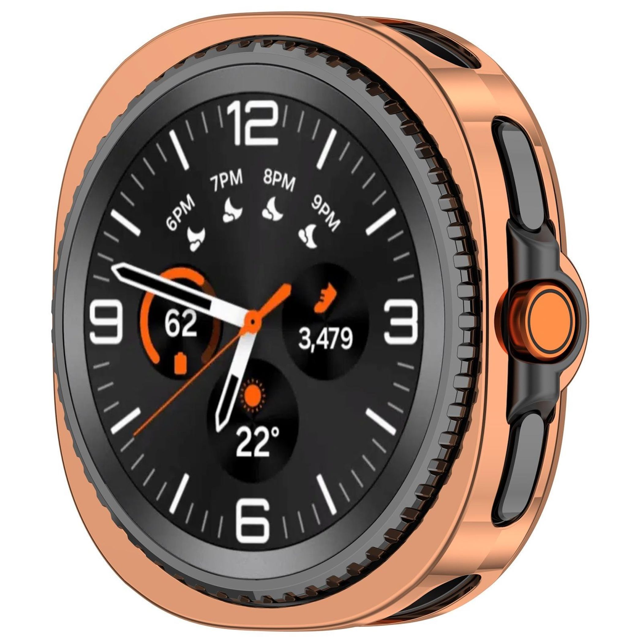 Smartwatch con lunetta oro rosa, quadrante nero con ora, passi e temperatura. Accenti arancioni e pulsanti laterali.