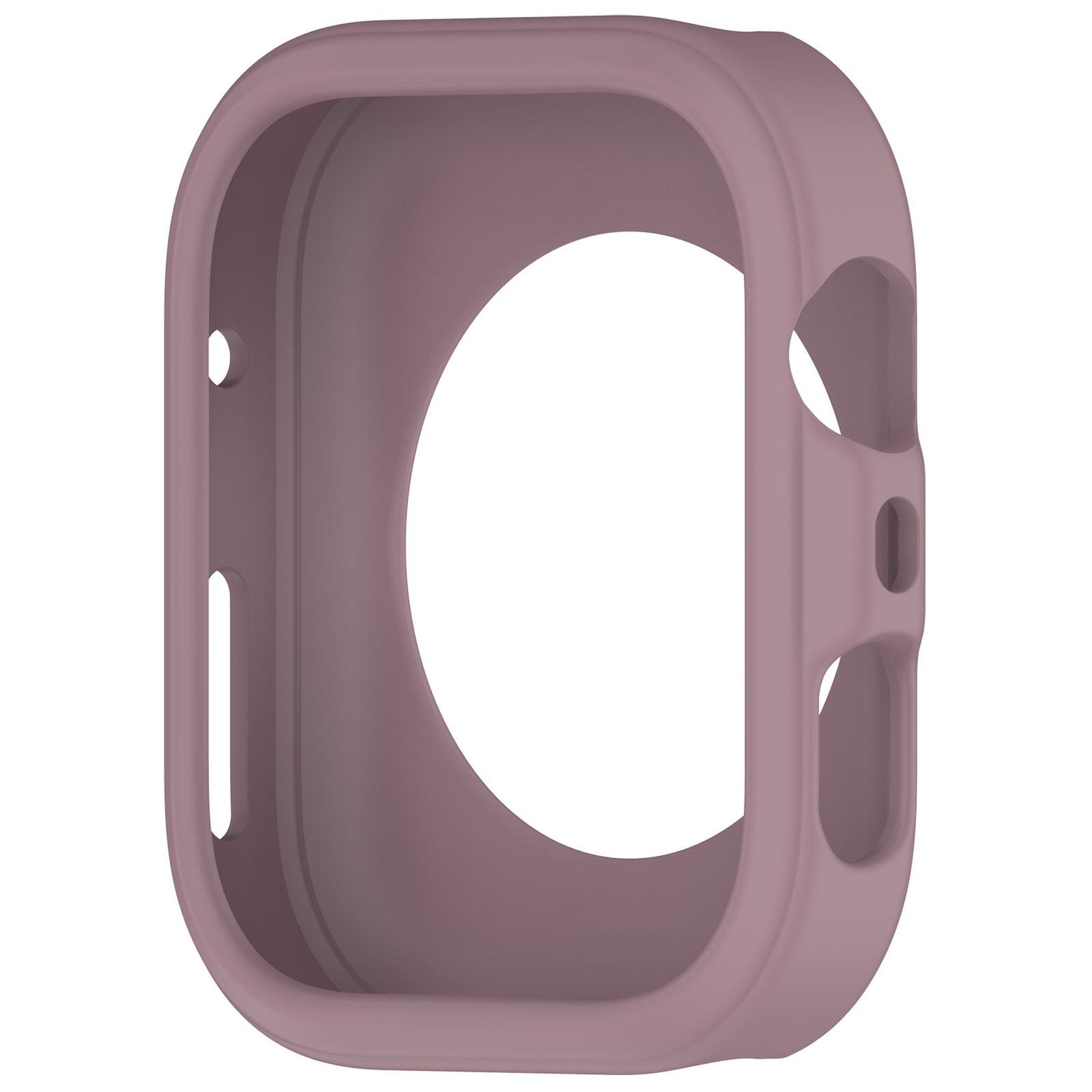 Una custodia per orologio color malva. Ha una forma rettangolare arrotondata con ritagli per i pulsanti e lo schermo, con sfondo bianco.