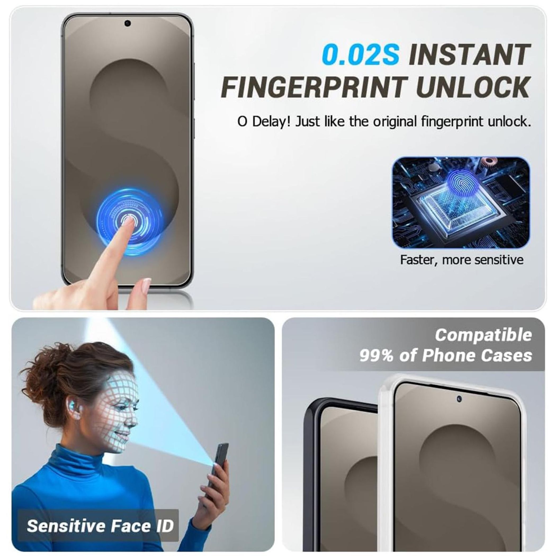 Das Bild zeigt ein Telefon mit Fingerabdruck-Entsperrung und Face-ID-Funktionen, auch kompatibel mit 99 % der Telefonhüllen.