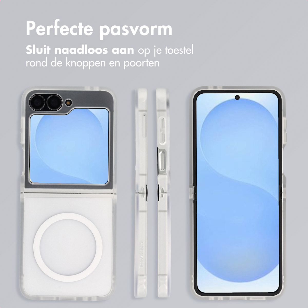 Een witte telefoonhoes wordt in meerdere weergaven weergegeven. De hoes is transparant en bedekt de telefoon. De telefoon is opgevouwen en uitgevouwen.