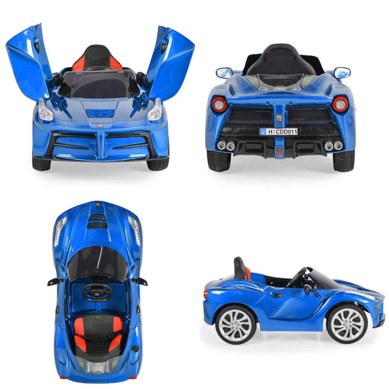 Vier Ansichten eines blauen Spielzeugautos. Es hat Flügeltüren, einen schwarzen Sitz mit roten Akzenten und silberne Räder. Das Auto steht vor weißem Hintergrund.