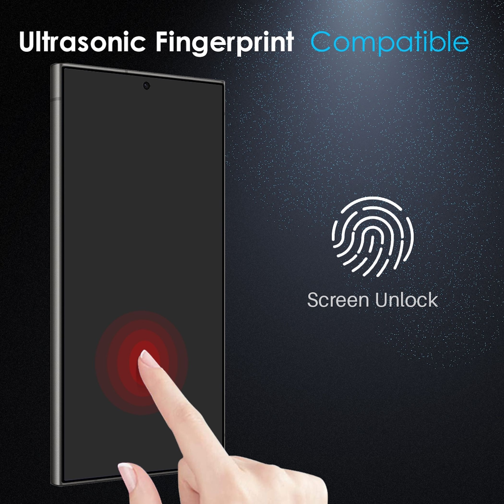 Eine Hand berührt einen Telefonbildschirm. Text: Ultraschall-Fingerabdruck kompatibel, Bildschirmsperre.