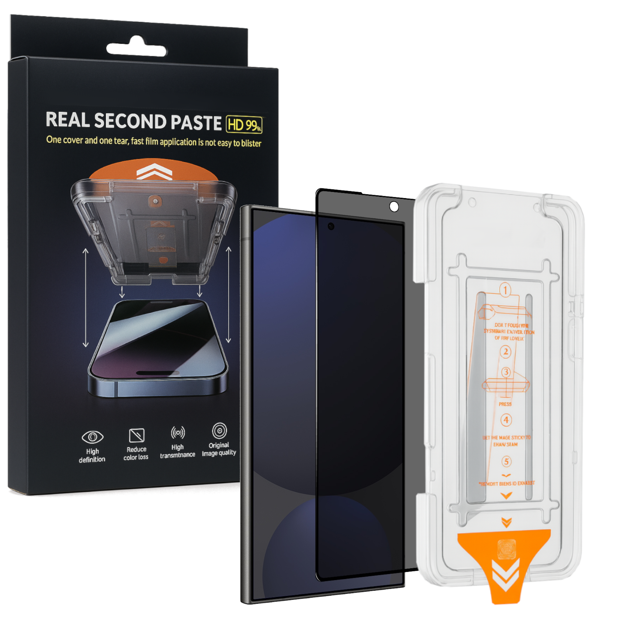 Produktverpackung mit Displayschutzfolie, Applikationsanleitung und Telefon. Text: Real Second Paste HD 99.