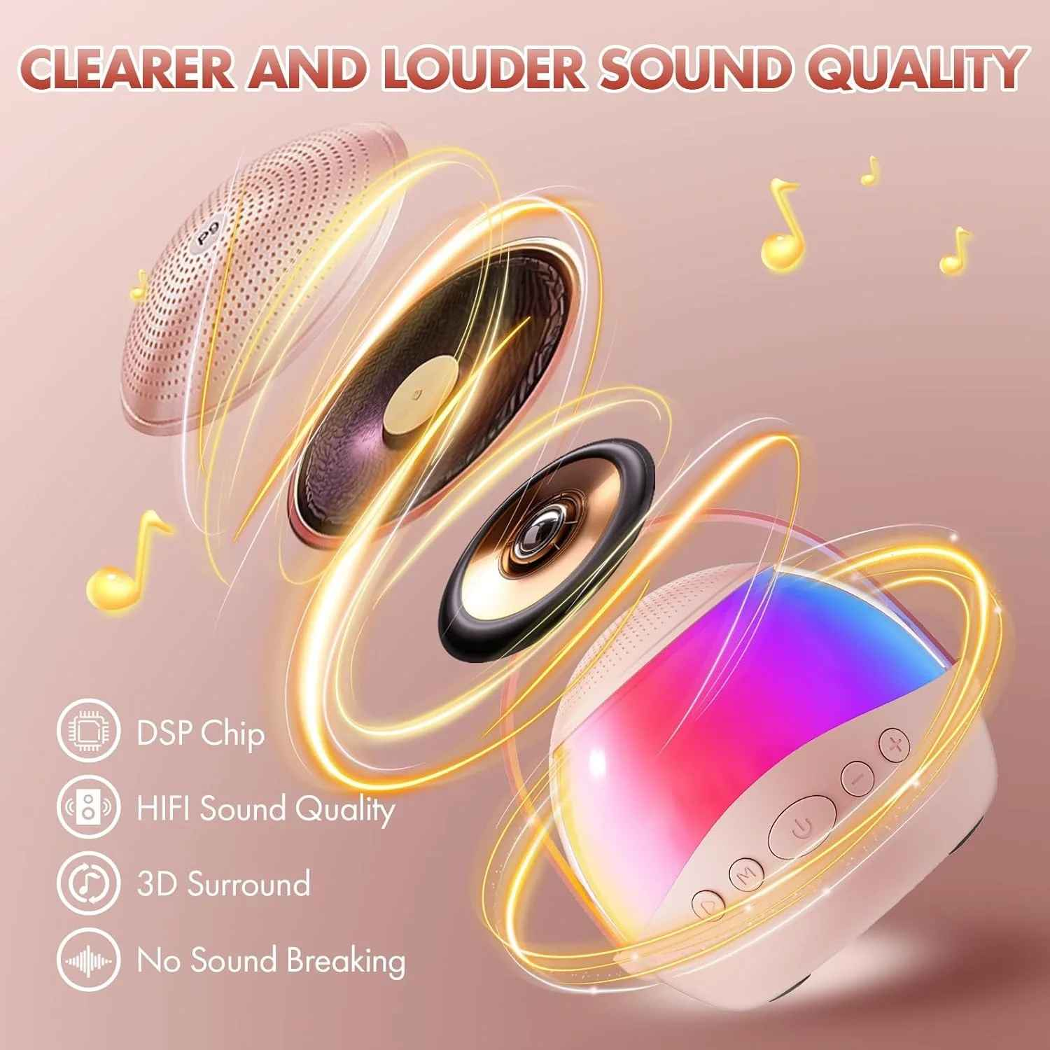 Das Bild zeigt einen Lautsprecher mit Schallwellen und Noten. Text: klarere und lautere Klangqualität, DSP-Chip, HiFi-Sound, 3D-Surround.