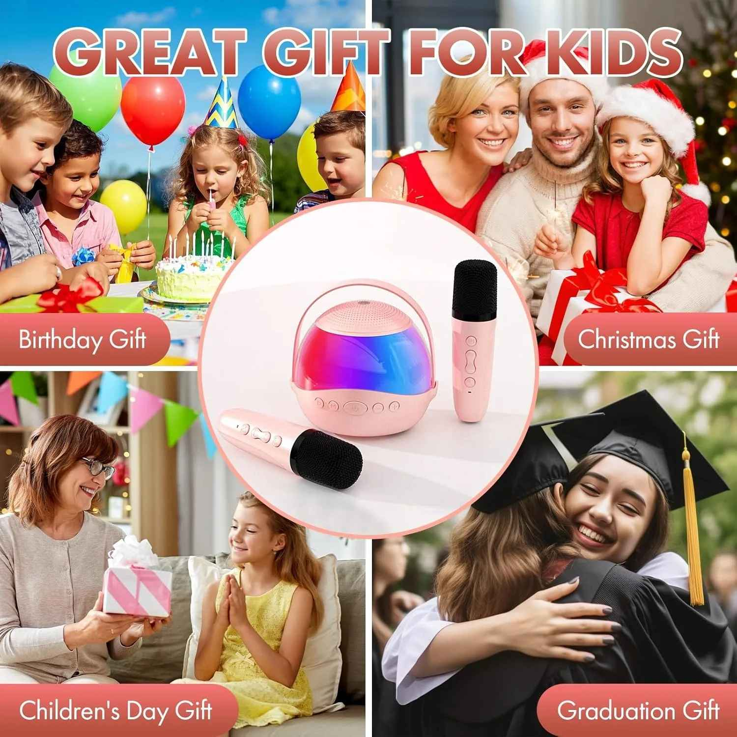 Collage von Geschenkideen: Geburtstag, Weihnachten, Kindertag und Abschluss. Zu den Geschenken gehören ein Mikrofon und glückliche Gesichter.