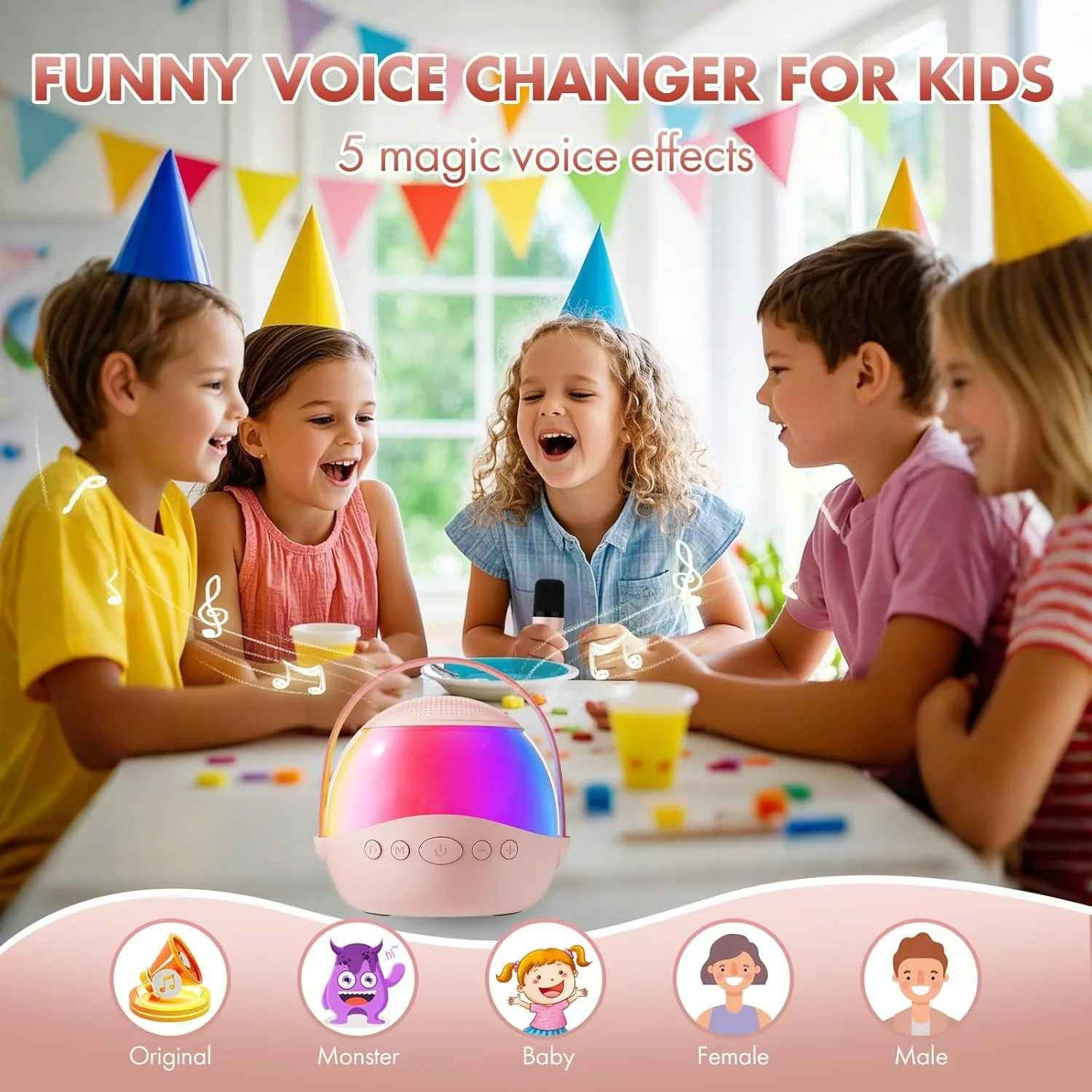 Kinder mit Partyhüten lachen und interagieren mit einem Stimmveränderungsgerät, festliche Dekorationen im Hintergrund.