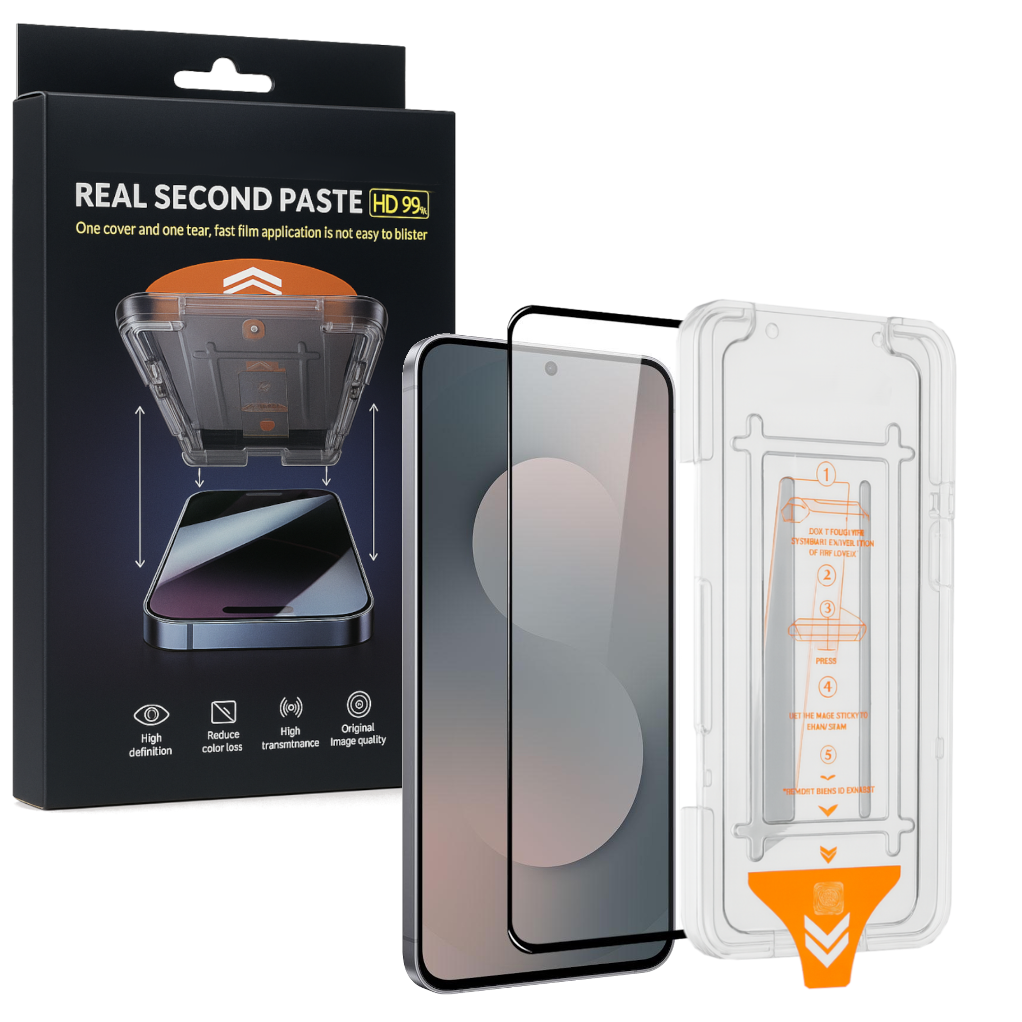 Ein Bildschirmschutz-Kit für Telefone. Es enthält ein Telefon, einen Displayschutz, einen Ausrichtungsrahmen und eine Verpackung.
