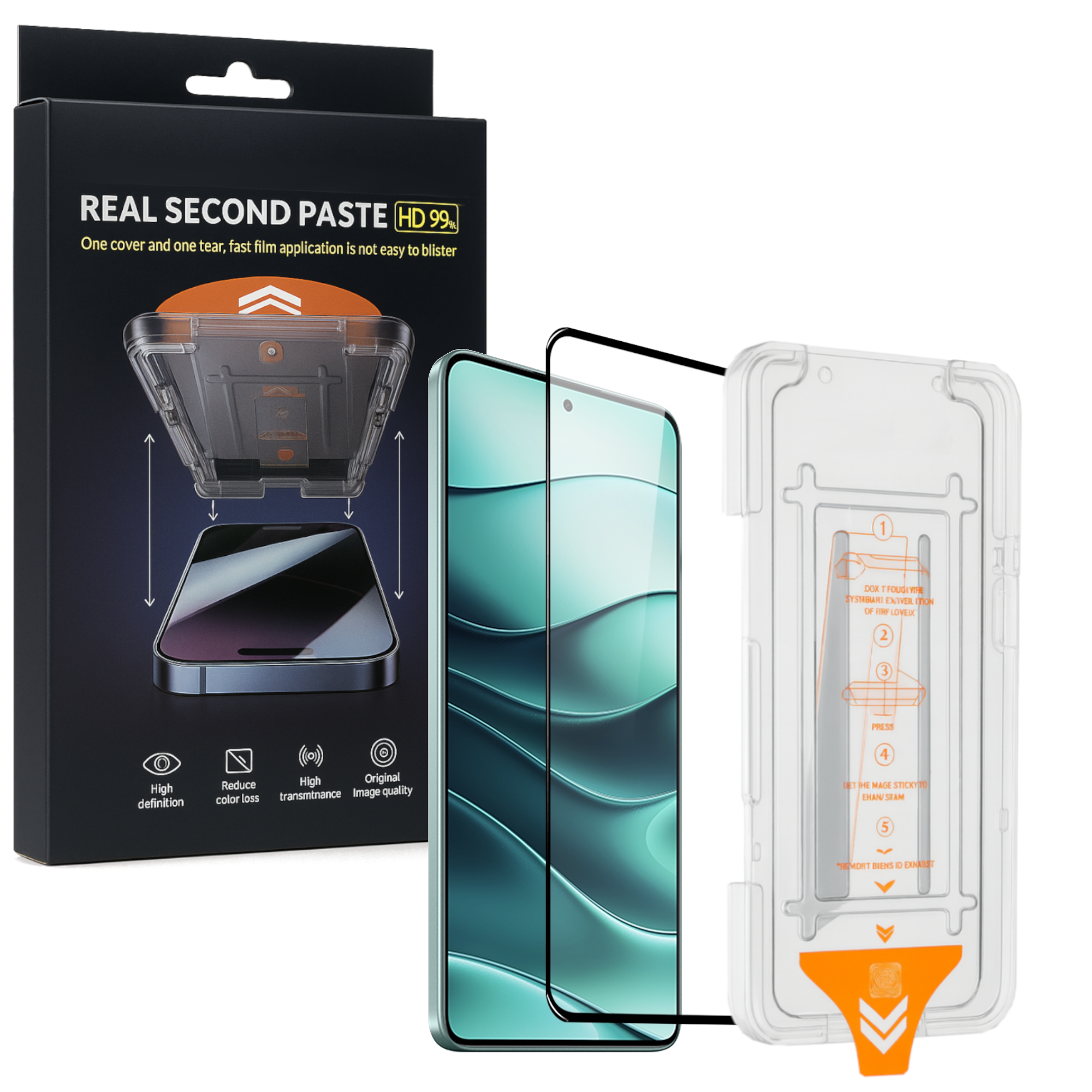 Un kit di protezione dello schermo del telefono. Include la protezione, il telefono e gli strumenti di applicazione. La scatola mostra le istruzioni.