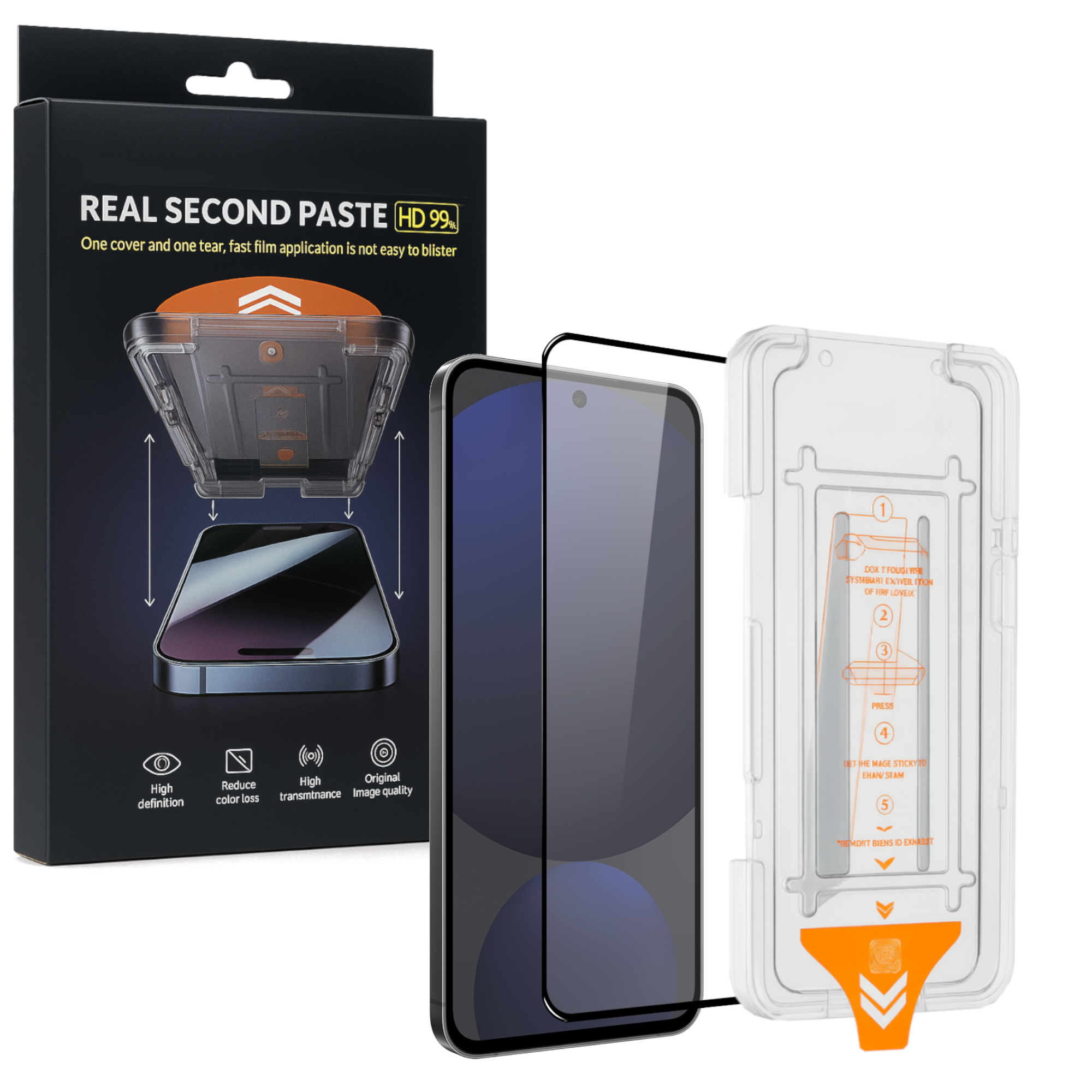 Ein Displayschutz-Kit für Telefone. Es enthält ein Telefon, einen Displayschutz und eine Anwendungsanleitung. Die Verpackung ist in Schwarz und Weiß gehalten.